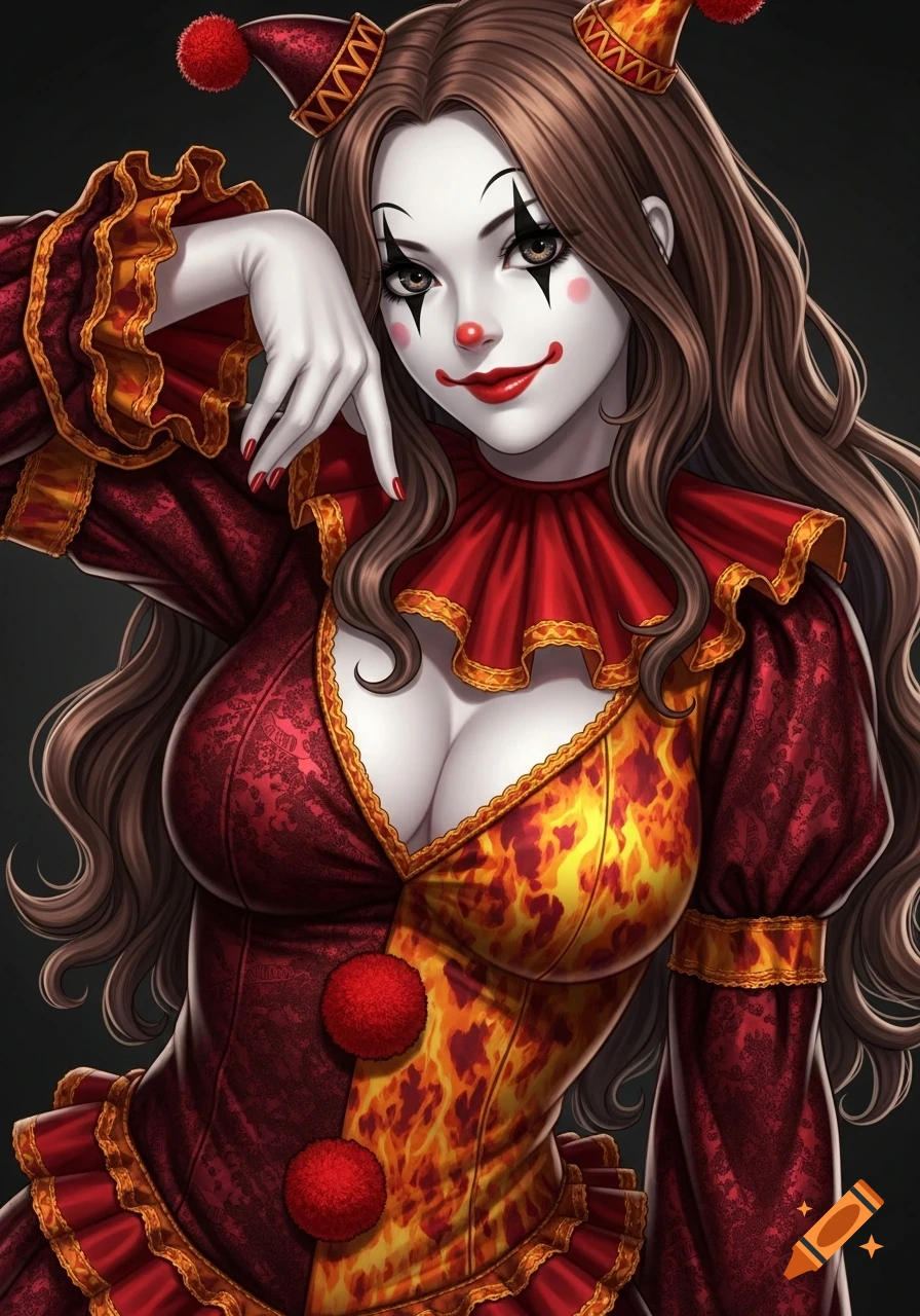 Anime-style portrait of a smiling female clown with pale skin, red and orange outfit, and long brown hair.