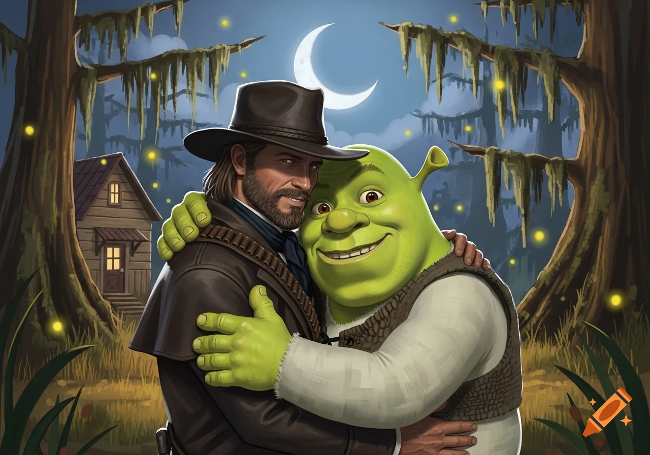 A cowboy with a beard and a hat hugs Shrek in a moonlit swamp with fireflies and a cabin in the background.