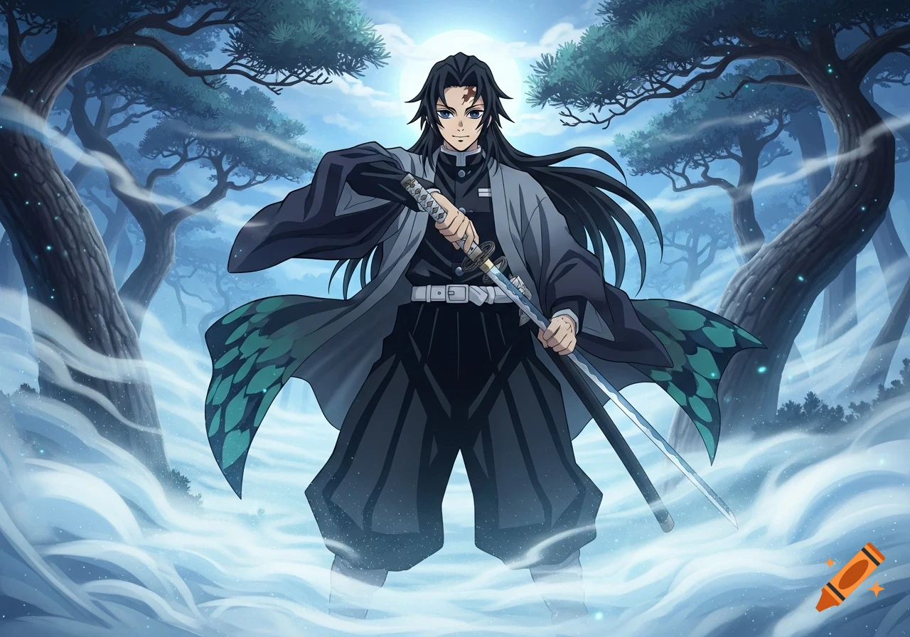 A young male anime character, Muichiro Tokito, with long dark hair, wearing a gray and black uniform with a green butterfly-wing pattern, holds a sword in a misty forest under a full moon.