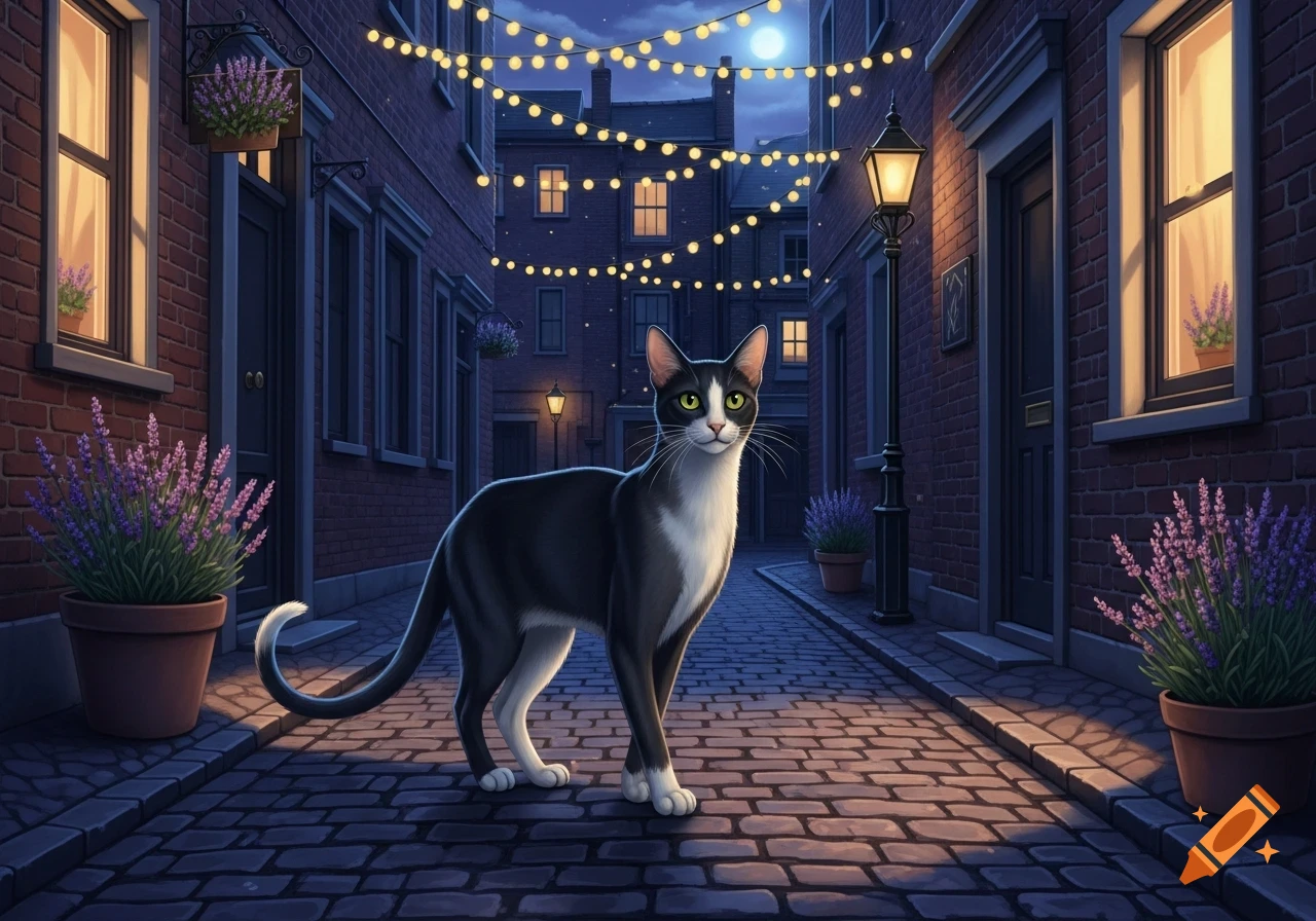 A black and white tuxedo cat stands on a cobblestone alley at night ...
