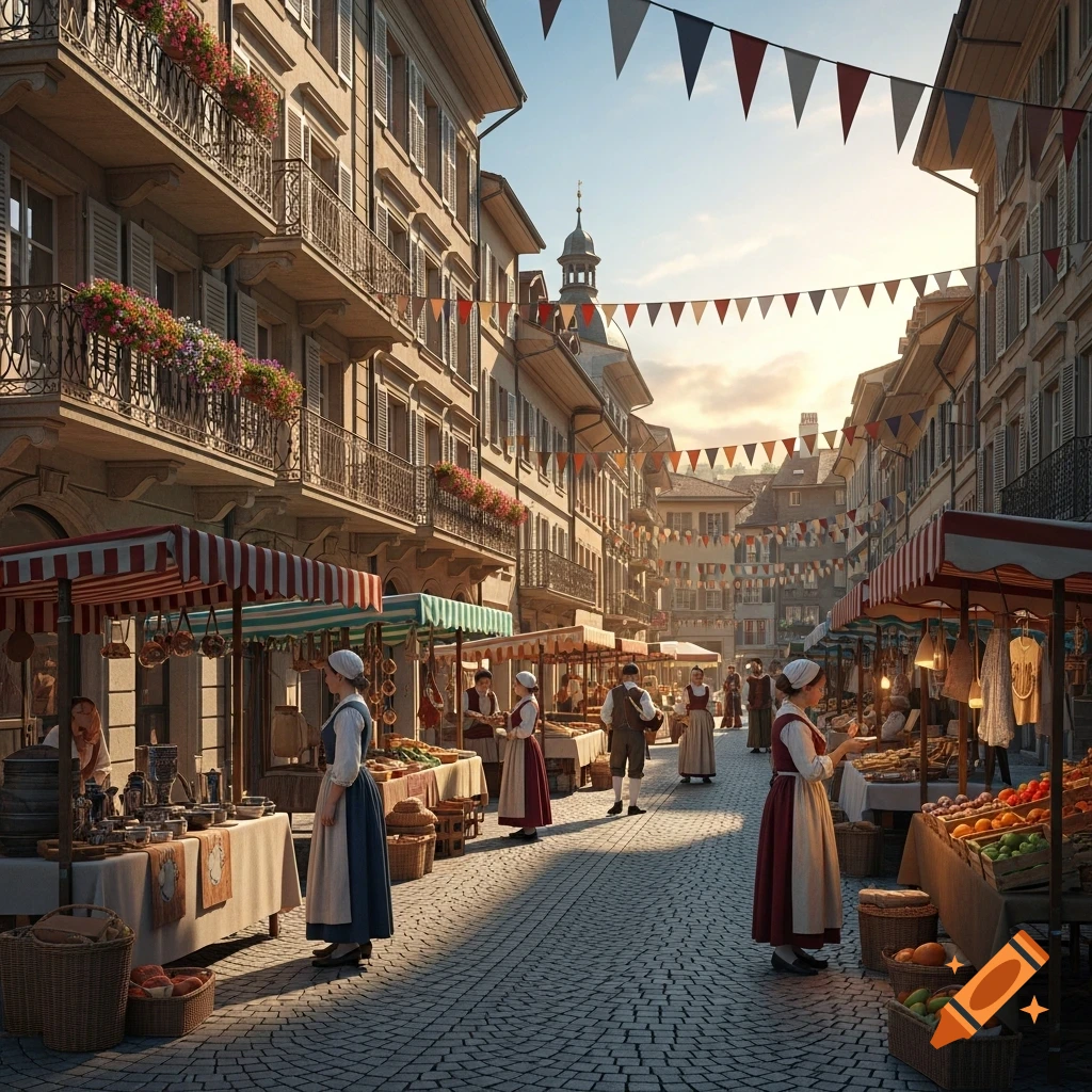 Bustling historical European street market with people in period attire, market stalls under awnings, and old buildings under a bright sky.