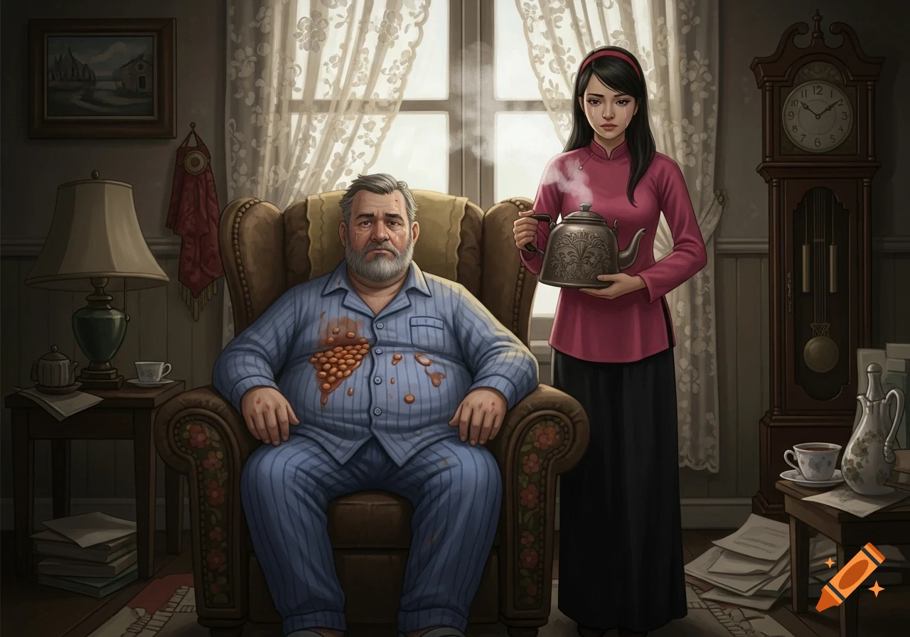 A crying Vietnamese woman with a kettle stands next to a sad man covered in beans in an armchair.