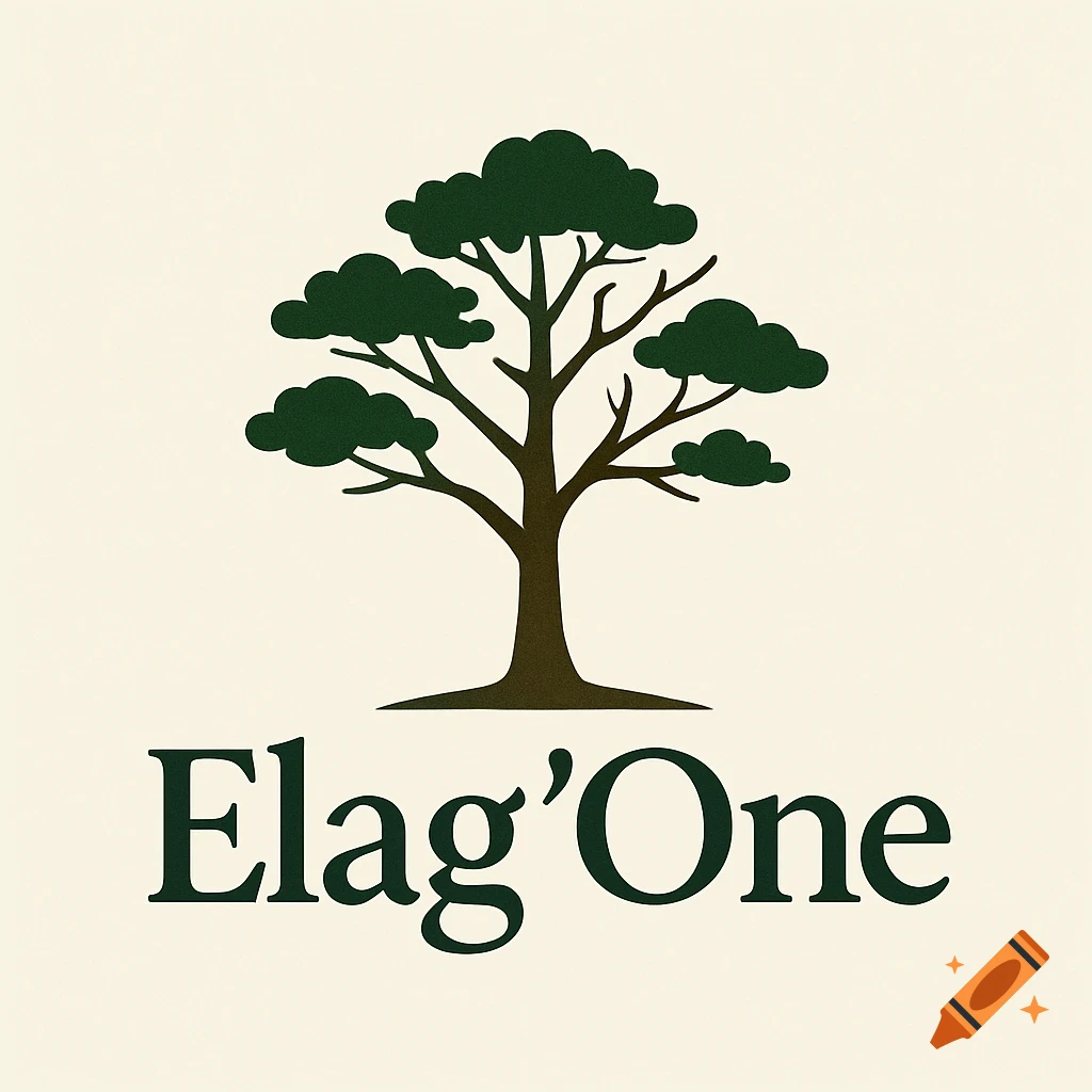 A minimalist logo featuring a stylized dark green tree above the text 'Elag'One' on a cream background.