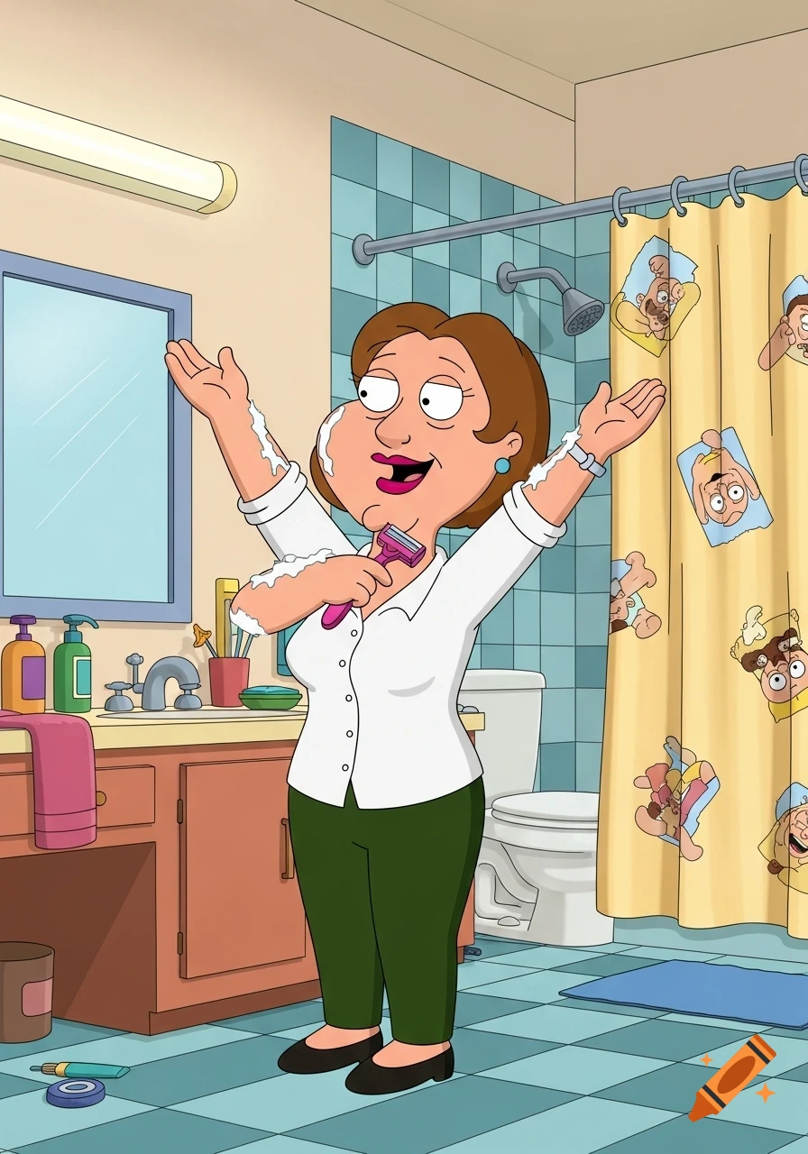 Lois Griffin from Family Guy shaves her arms with a pink razor in a cartoon bathroom.