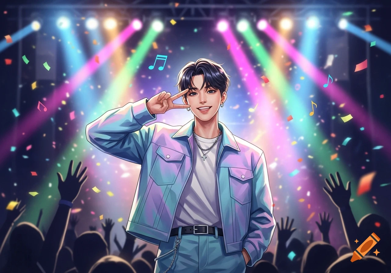 Animated male idol on a vibrant concert stage, making a peace sign with confetti and a cheering crowd.