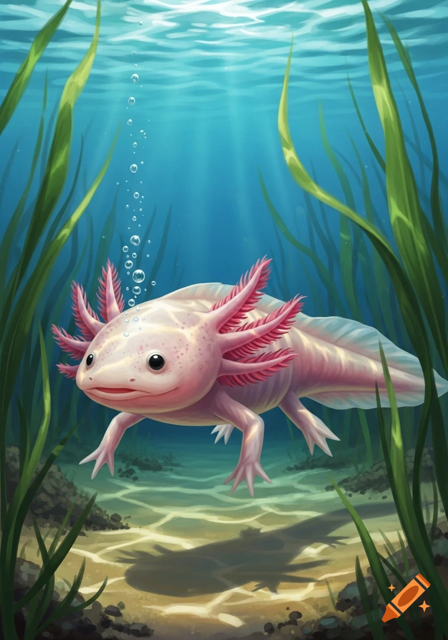 A cute pink axolotl with feathery gills swims in clear blue water amidst tall green aquatic plants, with light dappling the sandy bottom.