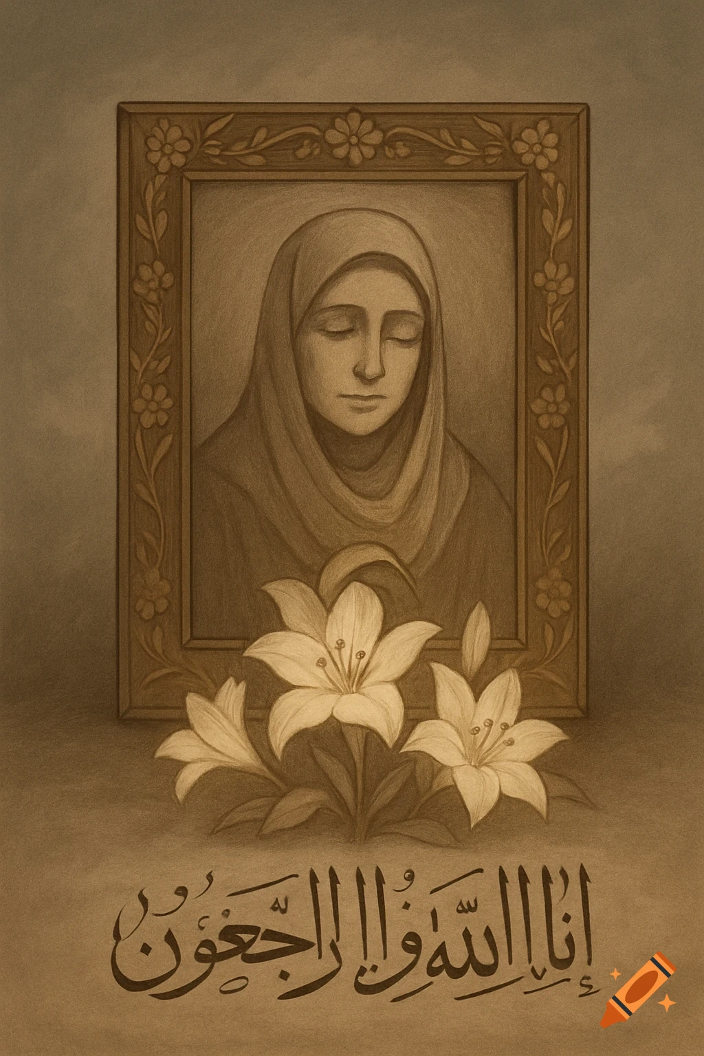Sepia-toned illustration of a framed portrait of a woman with her eyes closed and a head covering, flanked by white lilies, with Arabic calligraphy below.
