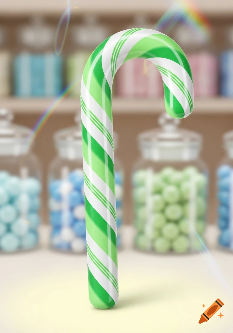A vibrant green and white striped candy cane stands upright in a blurred candy shop background with jars of colorful sweets.