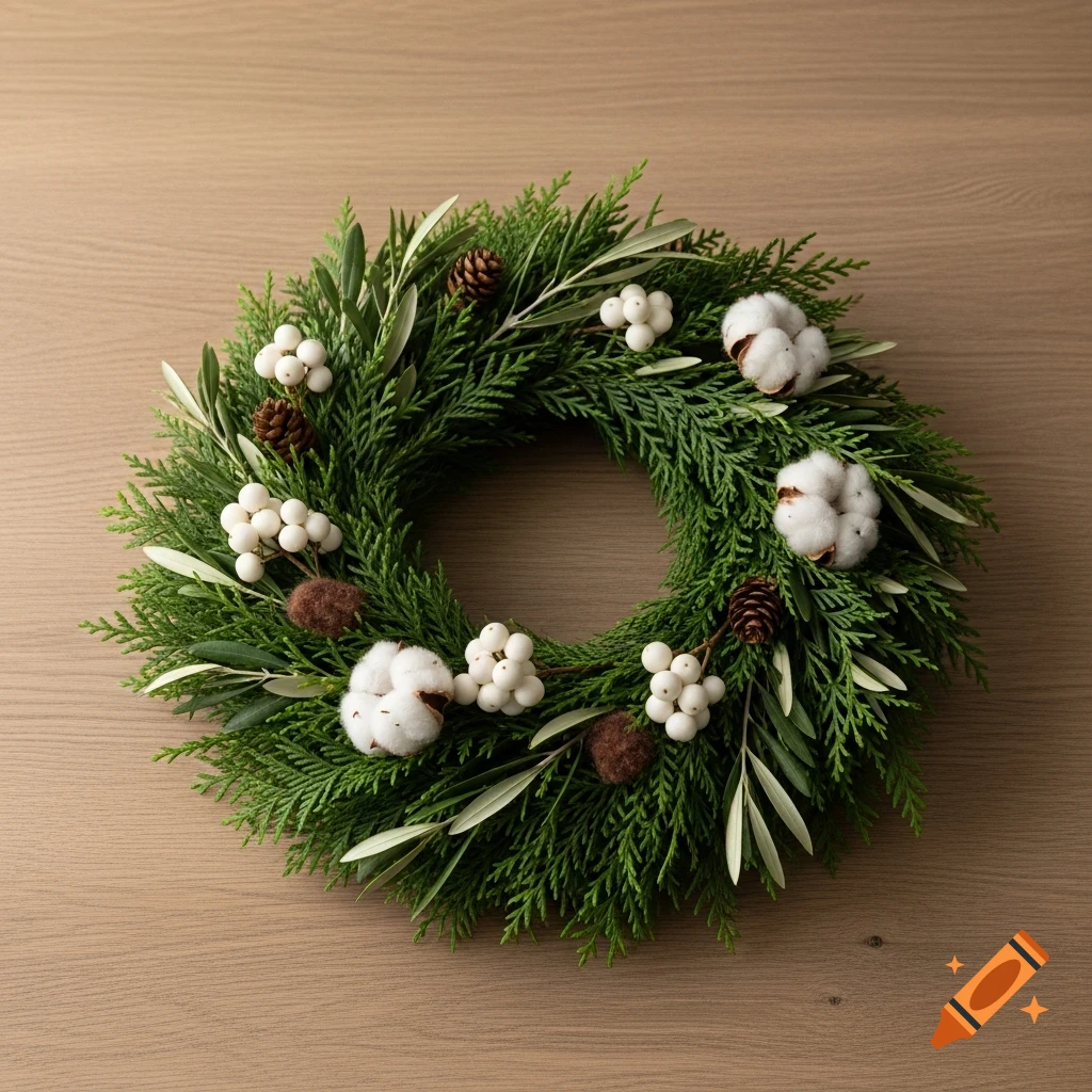 A rustic Christmas wreath made of cedar and olive leaves, adorned with white berries, cotton, and pinecones, resting on a wooden table.