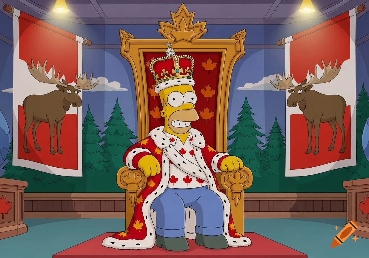 Homer Simpson as King of Canada sits on a golden throne in a Canadian-themed room, wearing a maple leaf-patterned robe and crown.