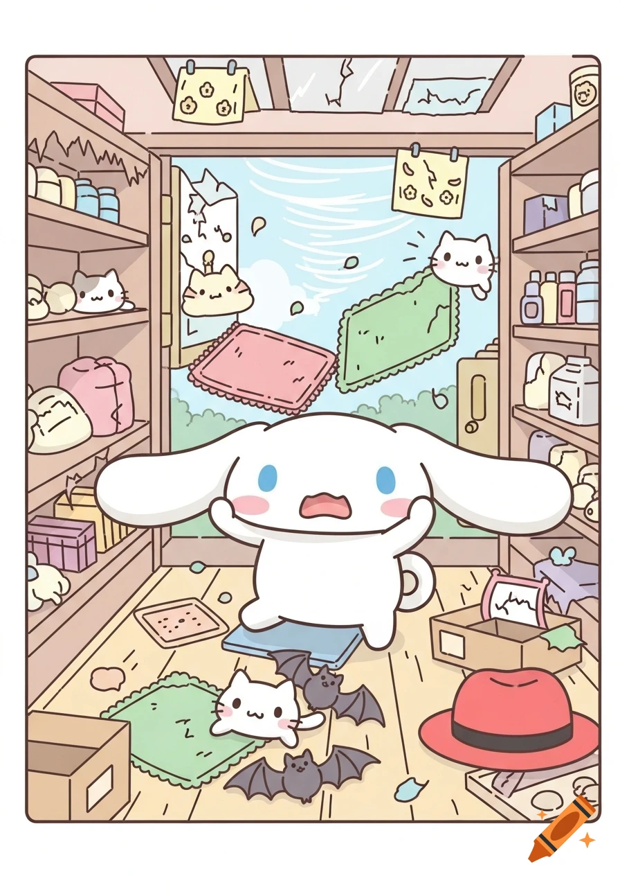 Cinnamoroll looks surprised and upset amidst a chaotic, messy shop, with cats, bats, a red hat, and broken shelves in a cute Sanrio-style illustration.