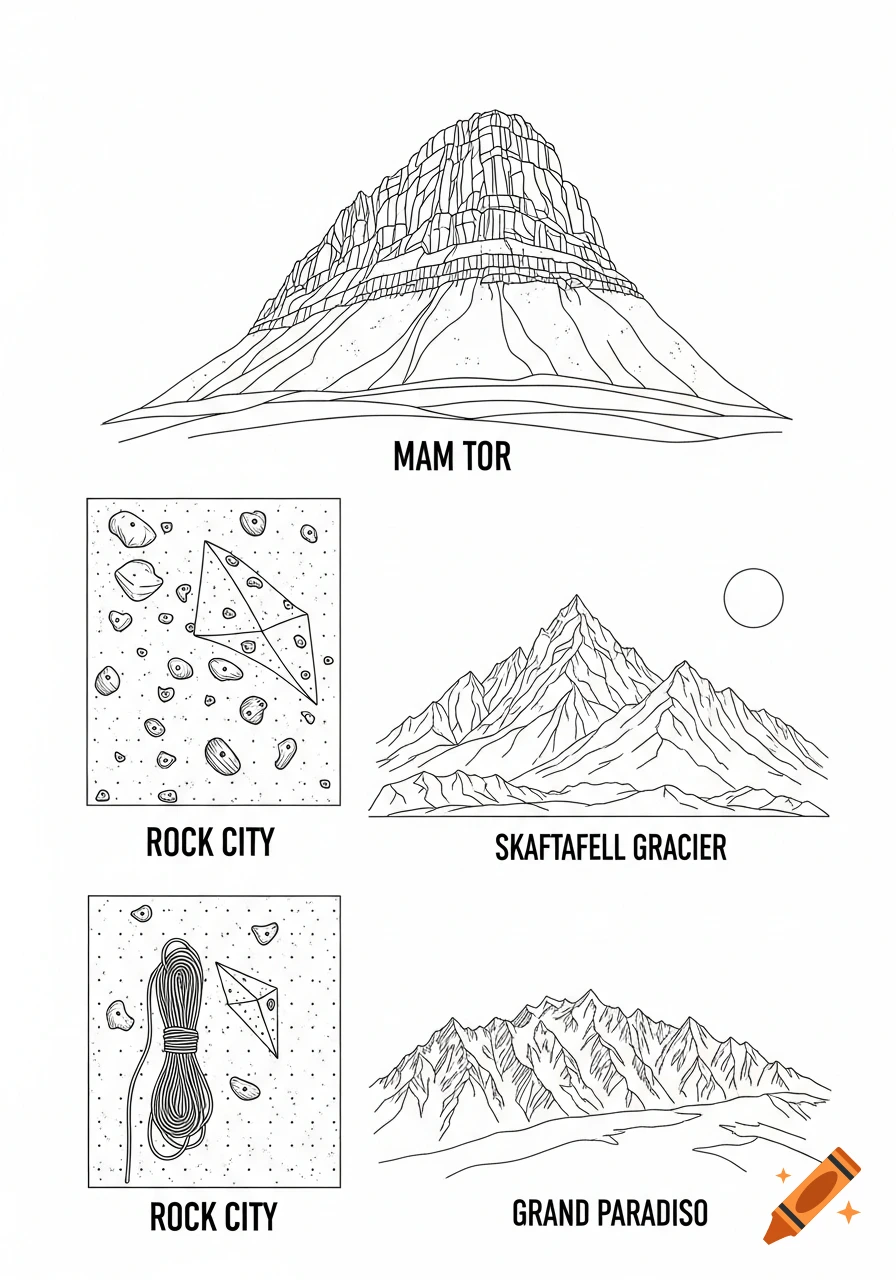 Black and white line art illustrations of mountains labeled Mam Tor, Skaftafell Glacier, Grand Paradiso, and two rock climbing walls labeled Rock City.