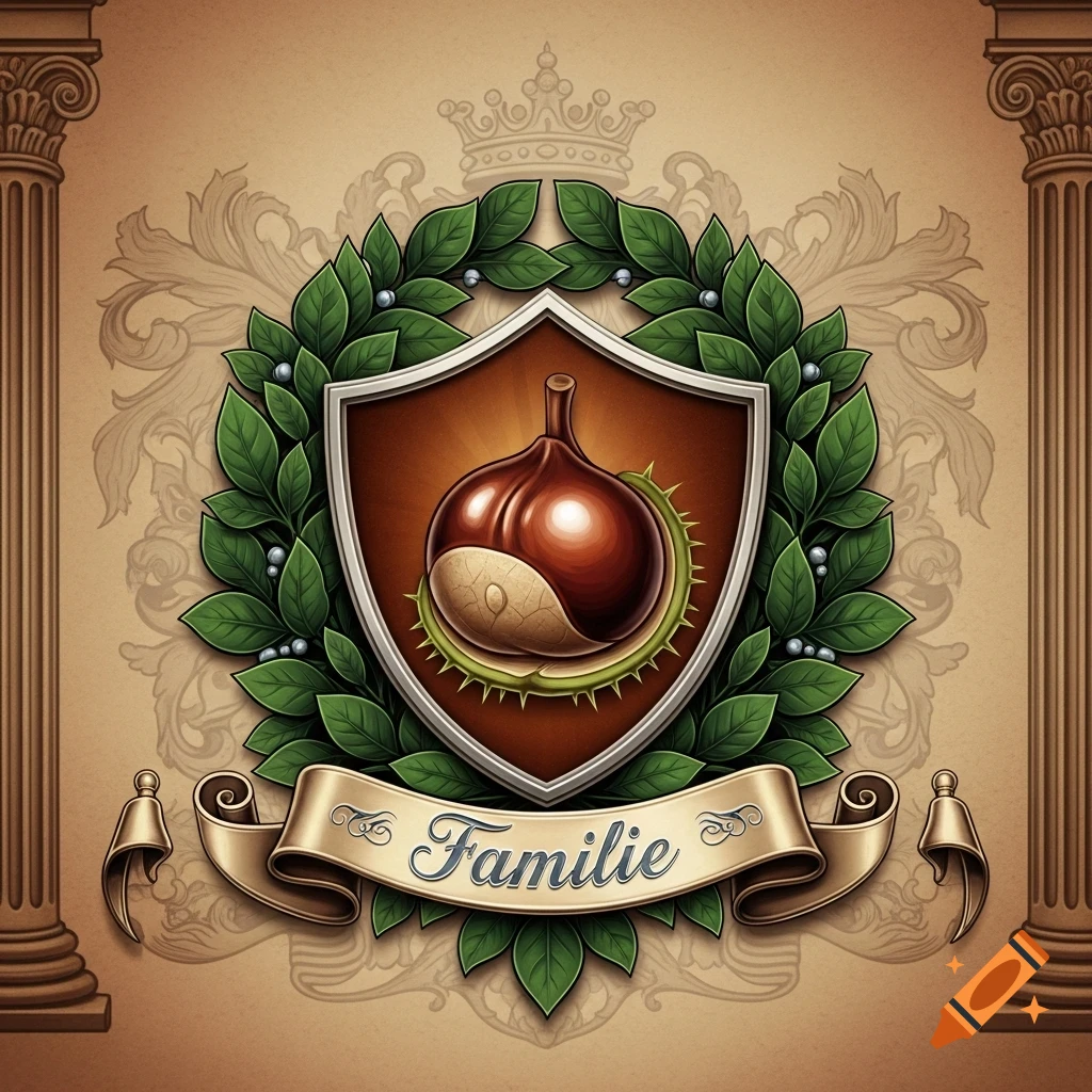 Detailed heraldic emblem with a chestnut on a shield, surrounded by a green wreath, with 'Familie' on a banner. Flanked by classical columns.