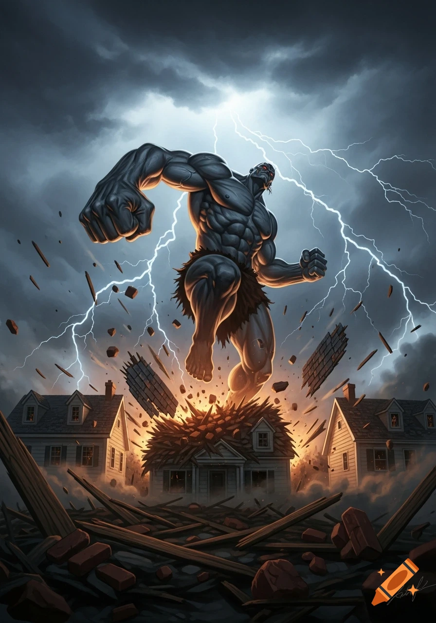 A giant, muscular gray figure smashes a house, sending debris flying, under a stormy sky with lightning, in a stylized comic art style.