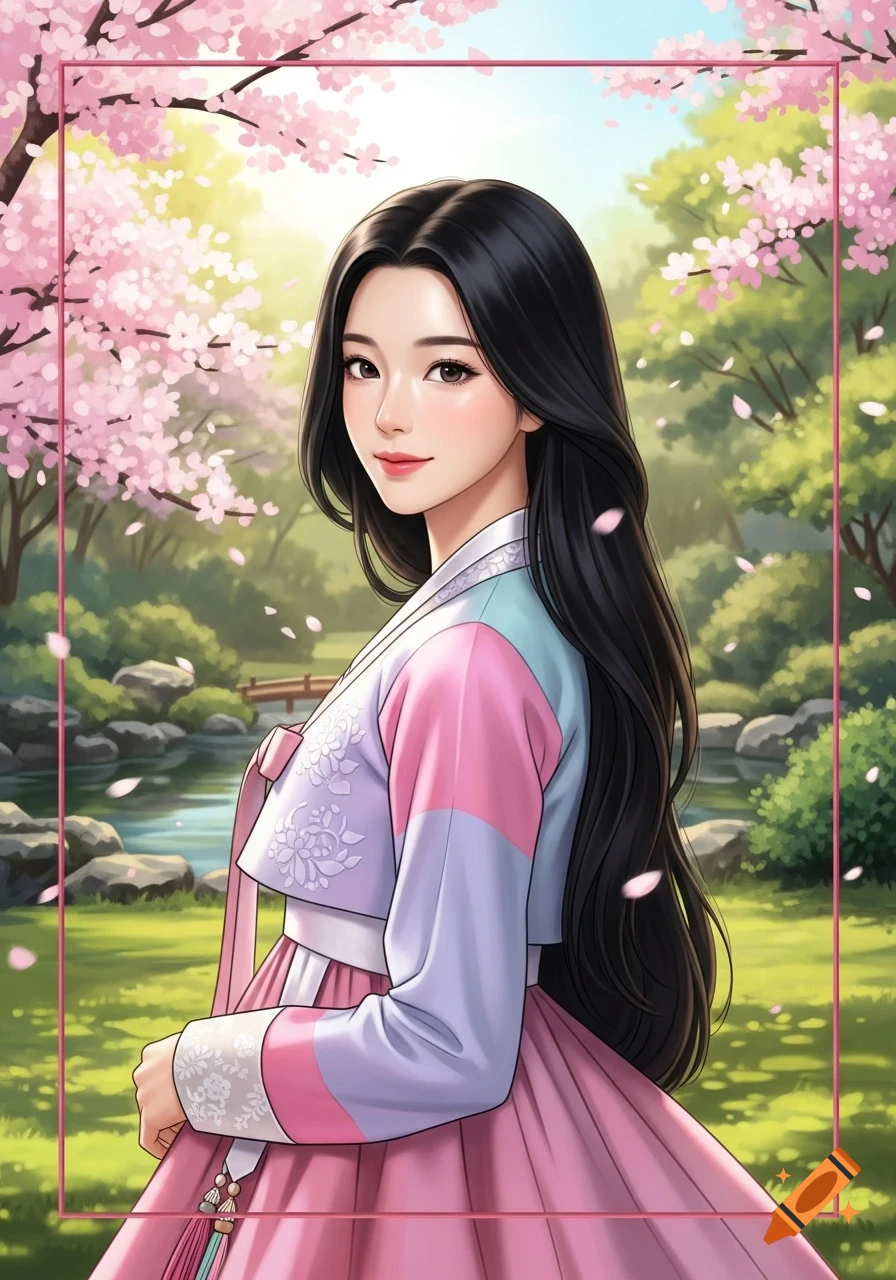 An illustration of a beautiful young Korean woman in a pink and pastel hanbok standing in a cherry blossom garden.