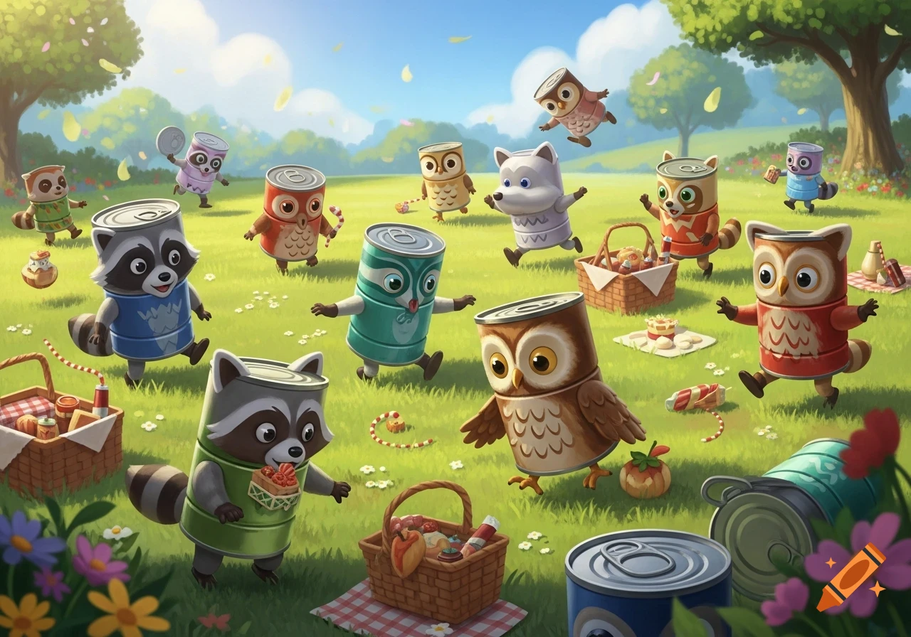 Cartoon can-animals, including raccoons and owls, picnic in a sunny green meadow with snacks.
