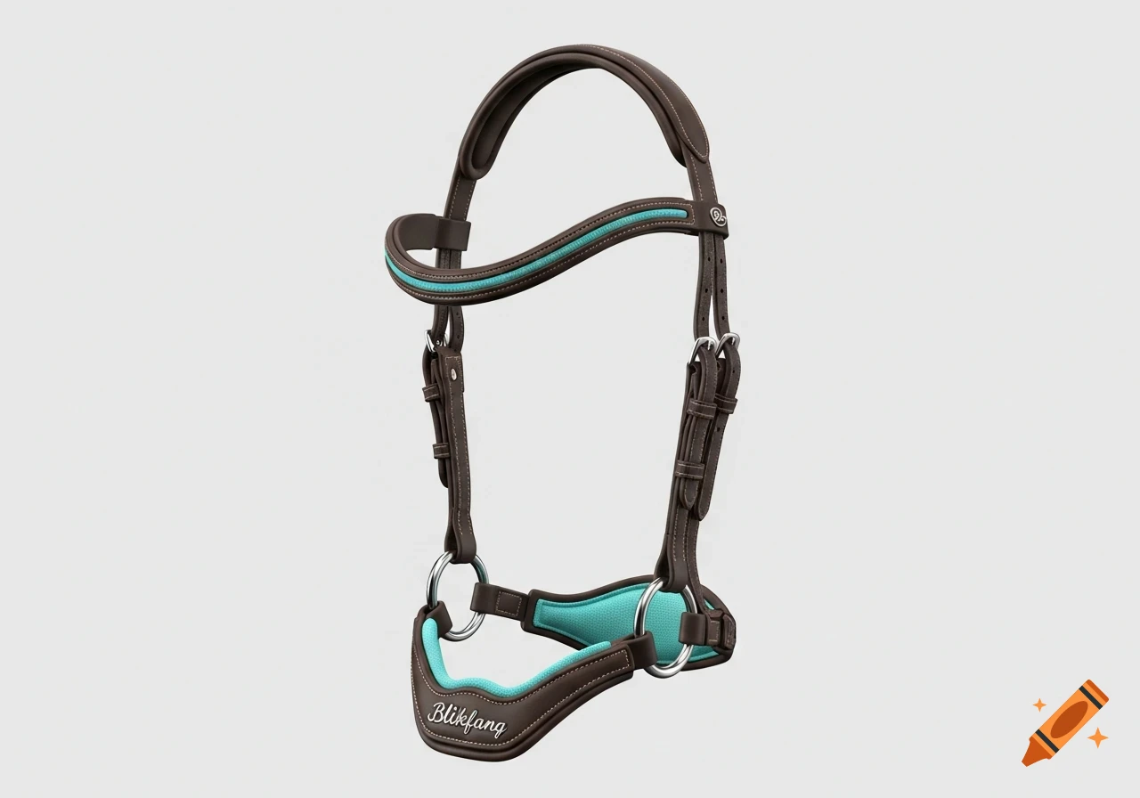 Photorealistic product render of a dark brown horse bridle with turquoise-blue padding and silver hardware against a light background.