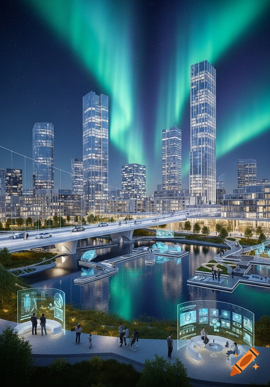 A vibrant futuristic cityscape at night with towering skyscrapers, a bridge over a river, and glowing aurora borealis in the star-filled sky.