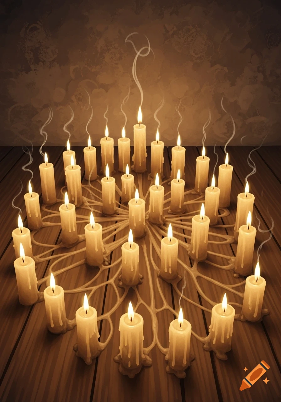 Numerous burning candles with melted wax forming an intricate pattern on a wooden table, against a textured wall.