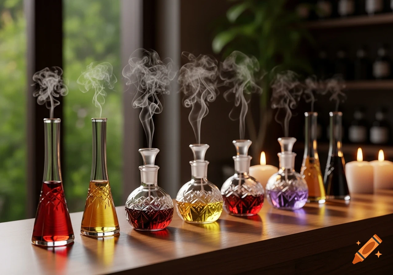 A row of ornate glass bottles with colorful liquids and rising smoke, next to lit candles on a wooden table, with a green outdoor background.