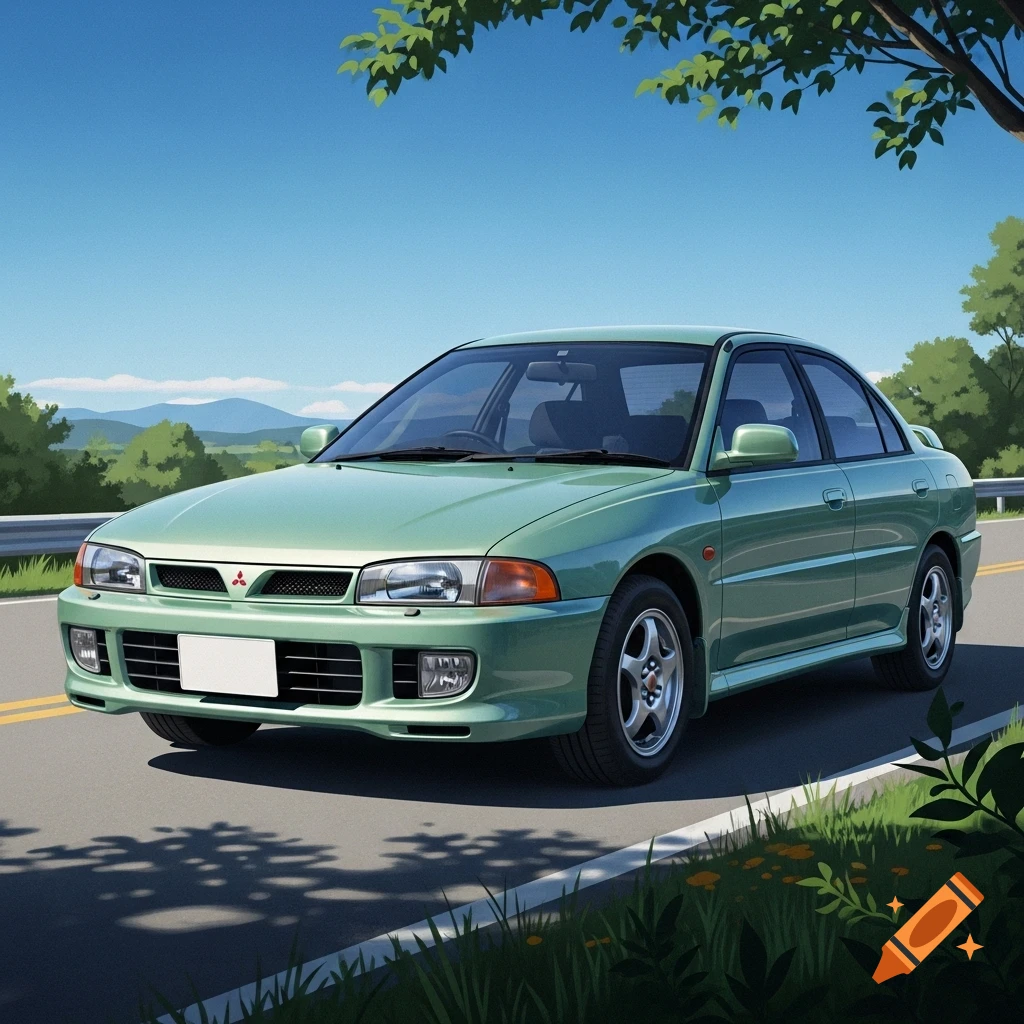 A mint green 1993 Mitsubishi Lancer is parked on an asphalt road with a guardrail, surrounded by green trees and mountains under a blue sky, in an anime art style.