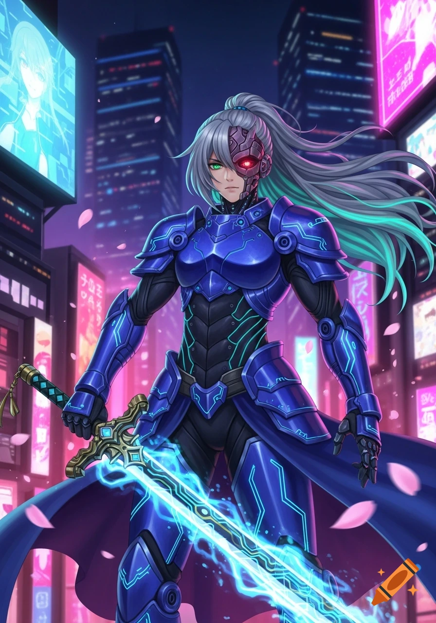 Anime cyborg warrior in blue armor with a glowing sword stands in a futuristic city at night, with glowing billboards.