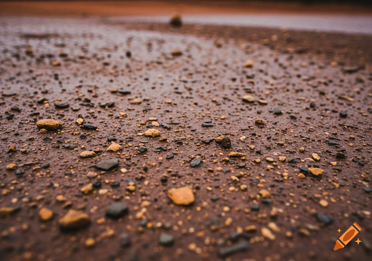 Extreme close-up of wet, reddish-brown earth with small stones, depicting muddy textures after rain.