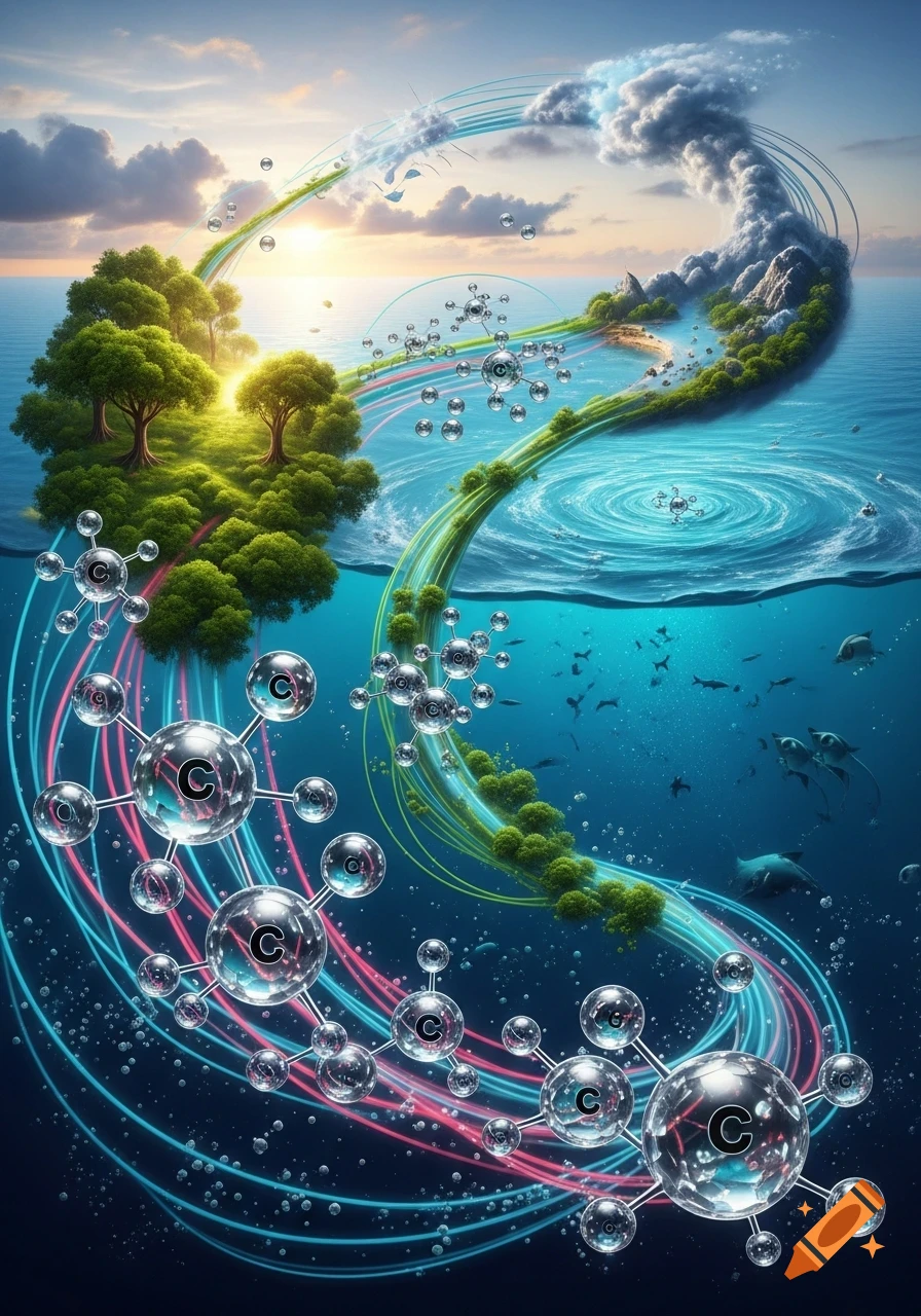Vibrant conceptual art showing the carbon cycle, with glowing molecules flowing between lush land, ocean, and sky.