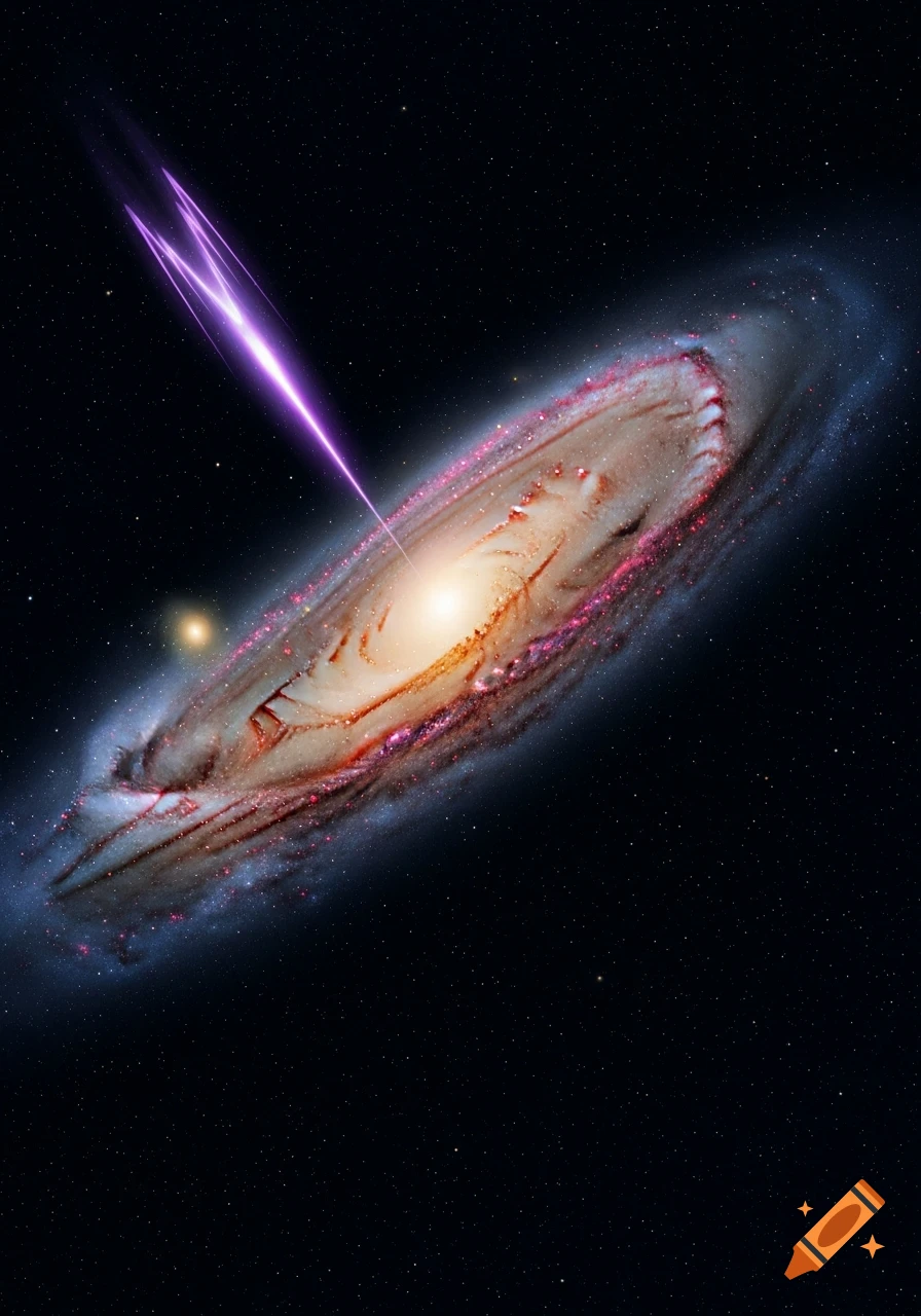 Luminous galaxy with spiral arms and a bright violet jet emerging from its core, in a dark starry deep space.