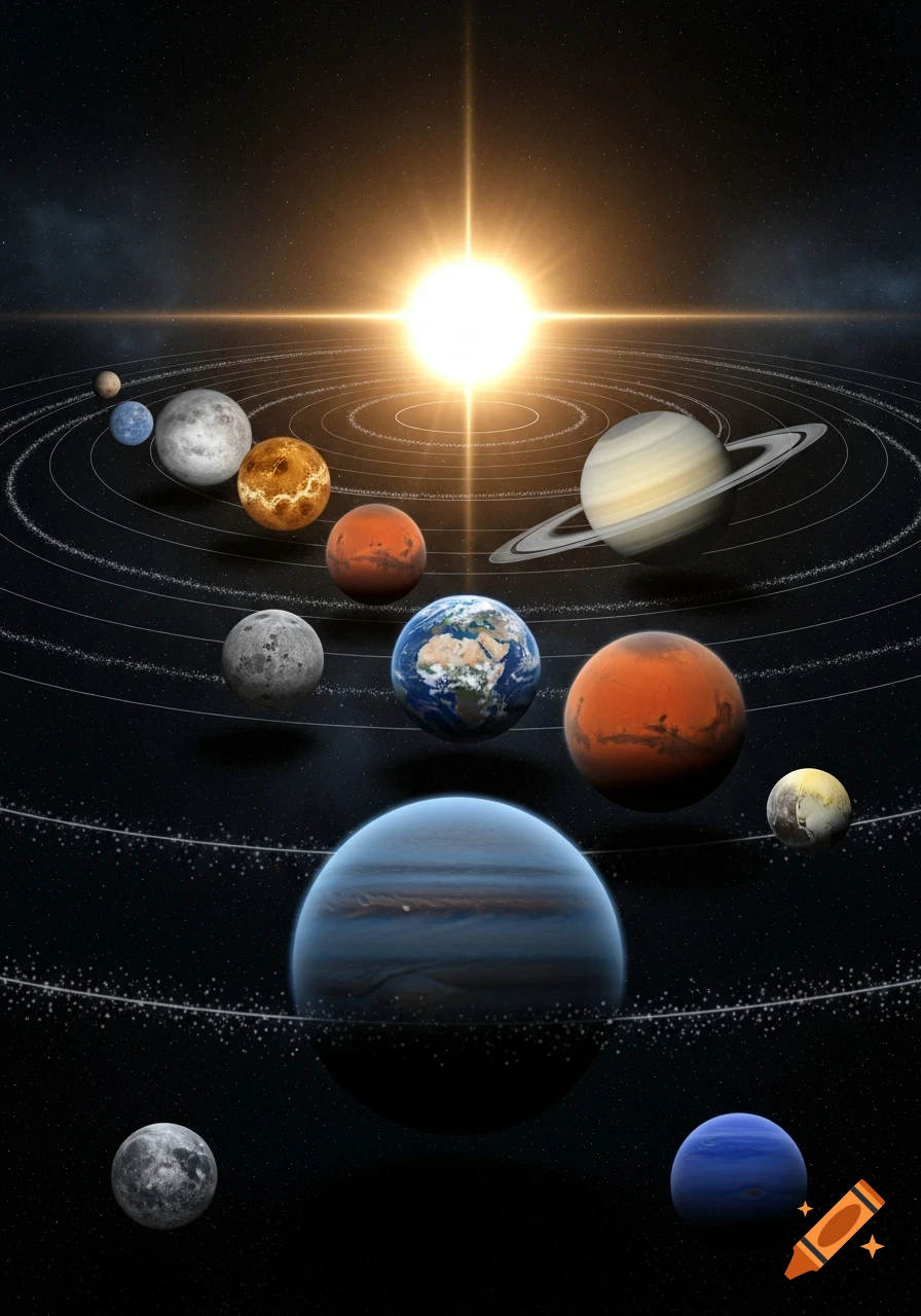A bright sun in deep space surrounded by planets of the solar system, including Earth, Mars, Jupiter, and Saturn.