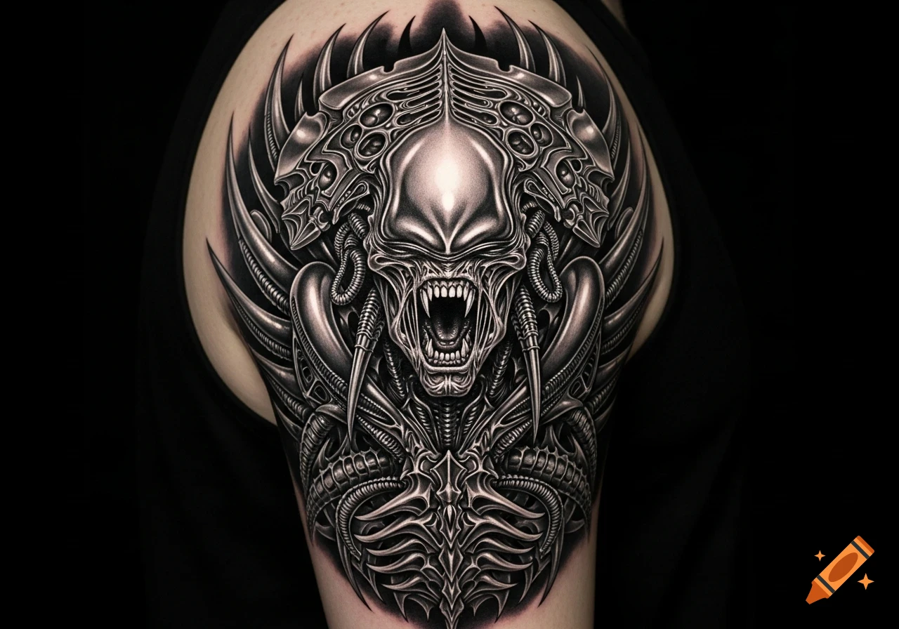 Detailed H.R. Giger-inspired biomechanical Alien queen tattoo on an arm.