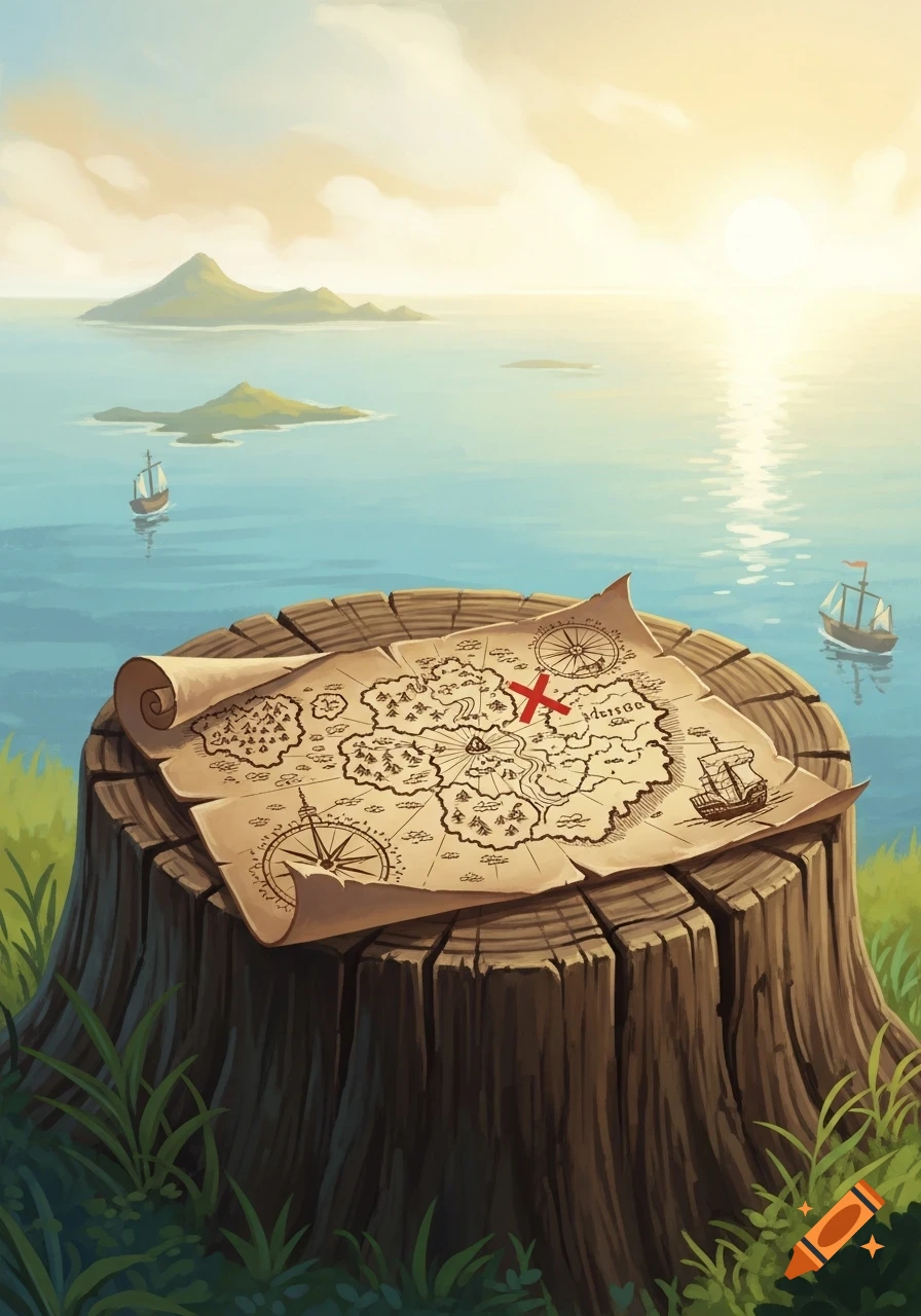 Cartoon illustration of an old treasure map with a red X on an island, resting on a tree stump overlooking an ocean with sailing ships and islands at sunrise.