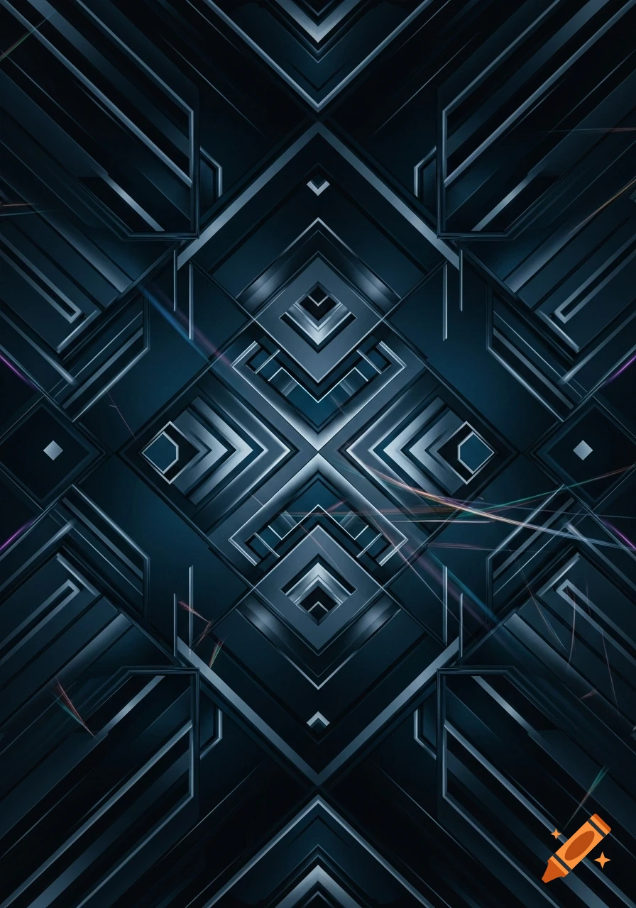 Abstract geometric pattern with dark blue and silver lines forming a symmetrical design.