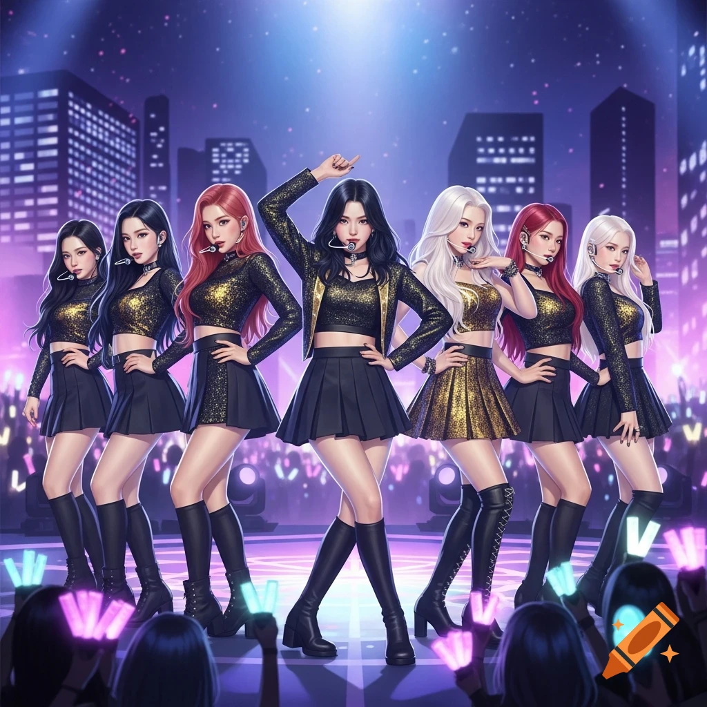 Anime-style K-pop girl group with black and gold outfits and ear mics dancing on a brightly lit stage in front of a city skyline at night.