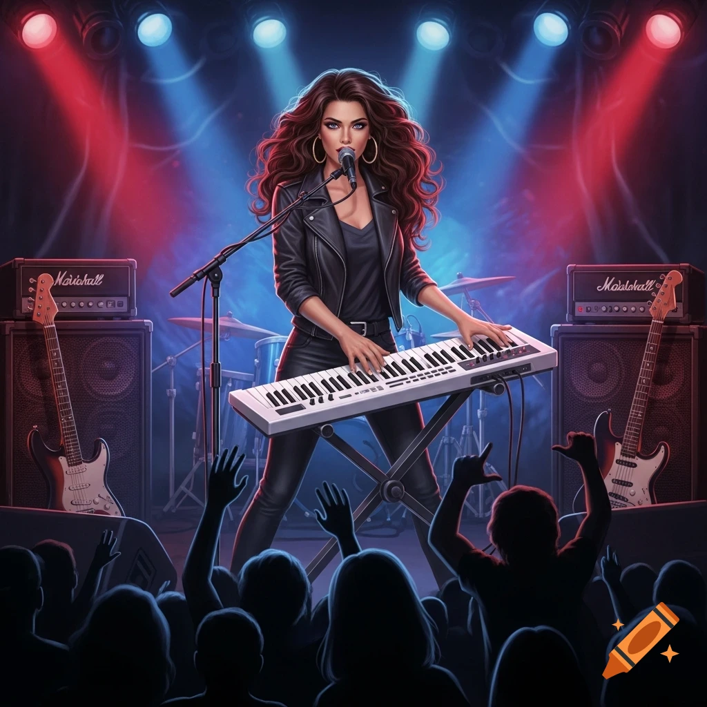 A woman with long curly hair plays a white keyboard and sings on a stage illuminated by red and blue lights, with guitars, amps, and a cheering crowd.