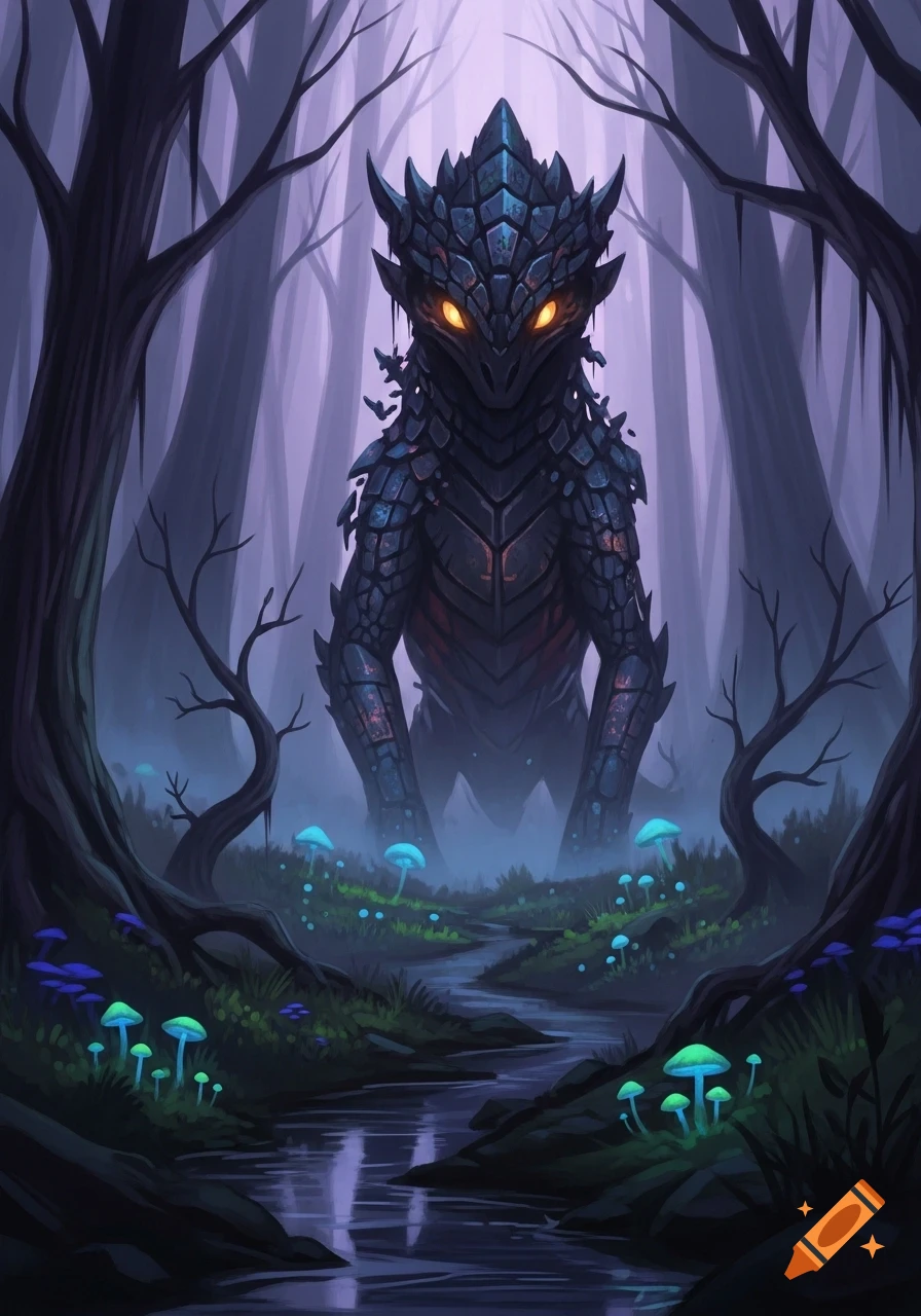 A large, dark, scaly creature with glowing orange eyes stands in a ...