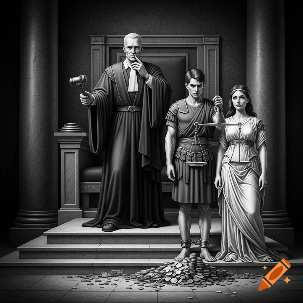 Black and white photorealistic drawing of a Roman judge, a man with chained ankles, and a woman holding scales, with money on the floor.
