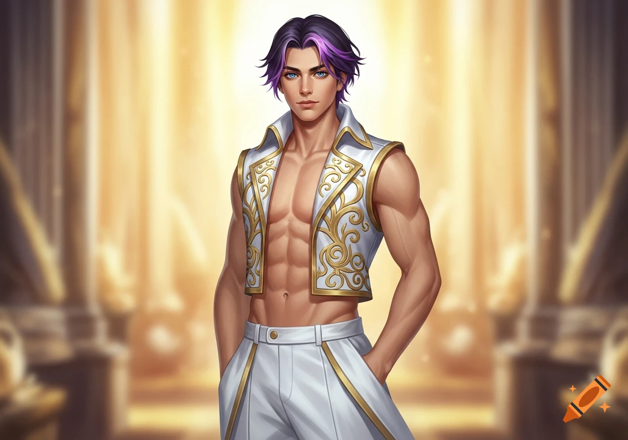 An anime-style athletic male with dark and purple hair, blue eyes, an open white and gold vest, and white pants, against a blurred golden background.