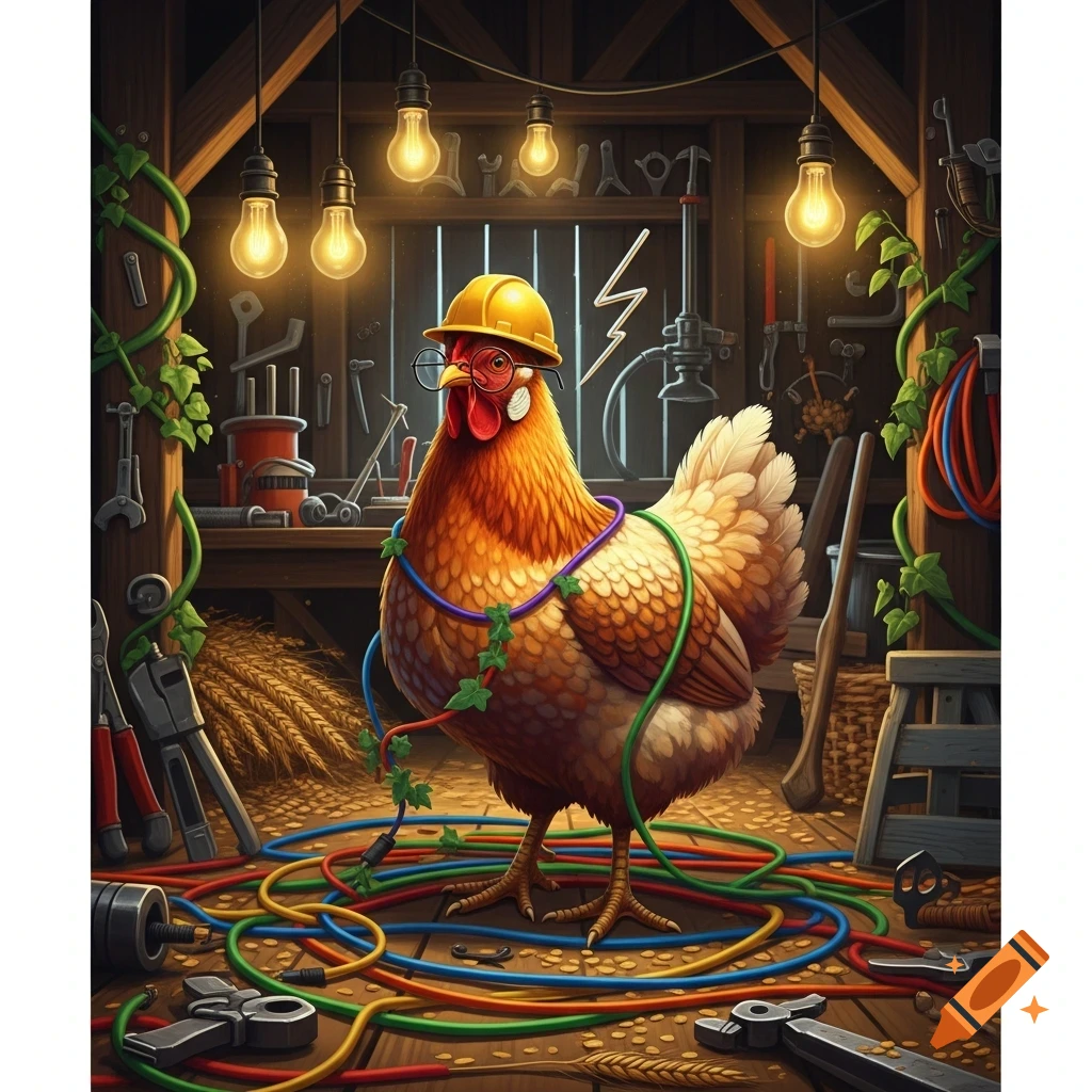 A whimsical illustration of a chicken wearing a yellow hard hat and glasses, entangled in colorful electrical wires in a rustic workshop filled with tools and glowing light bulbs.