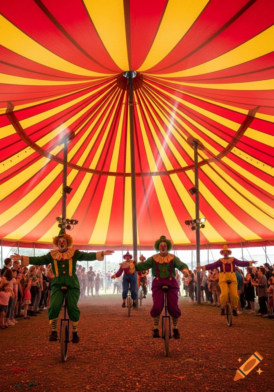 Three clowns on unicycles perform in a vibrant red and yellow striped circus tent before an audience.
