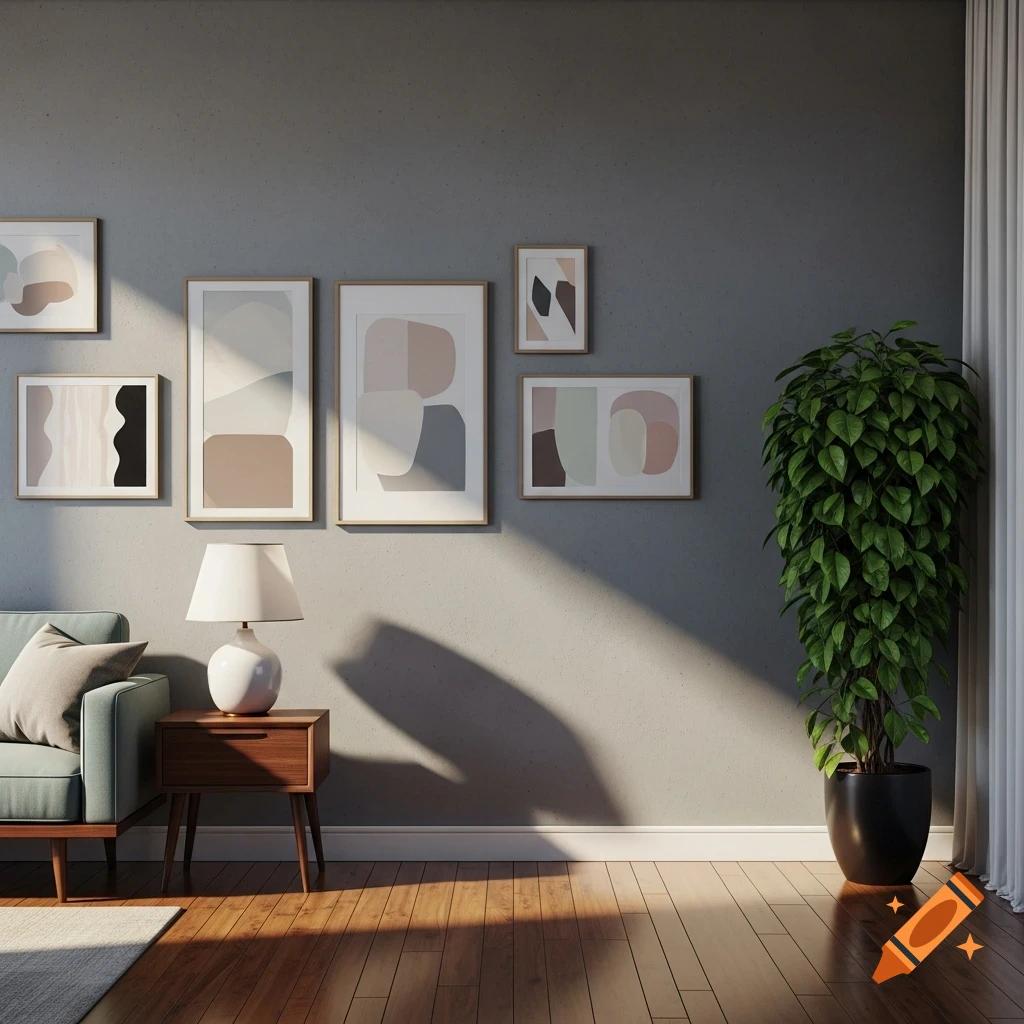 Modern living room with abstract art on a gray wall, a teal sofa, a lamp on a side table, and a tall plant, with sunlight on the wooden floor.