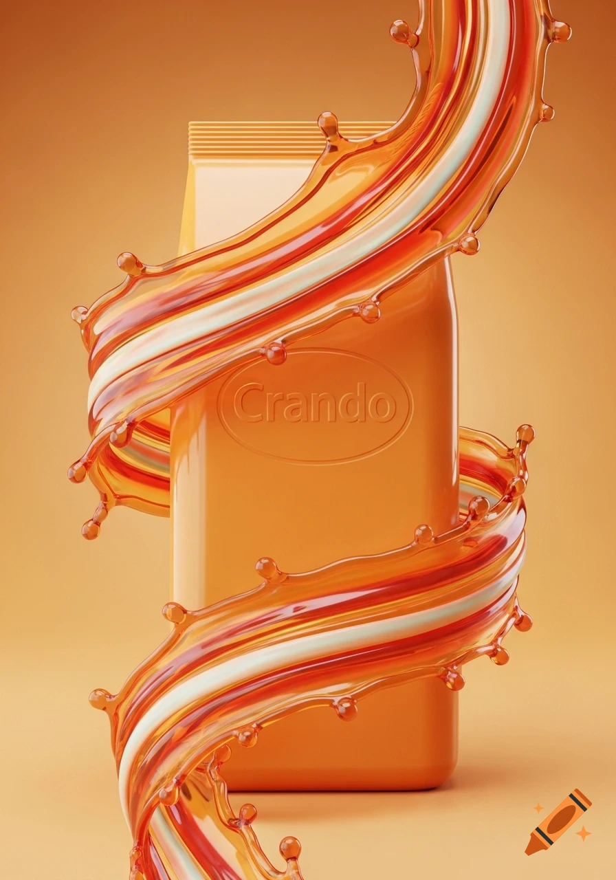 An orange juice pack with a dynamic swirl of orange, white, and red liquid splashing around it on an orange background.