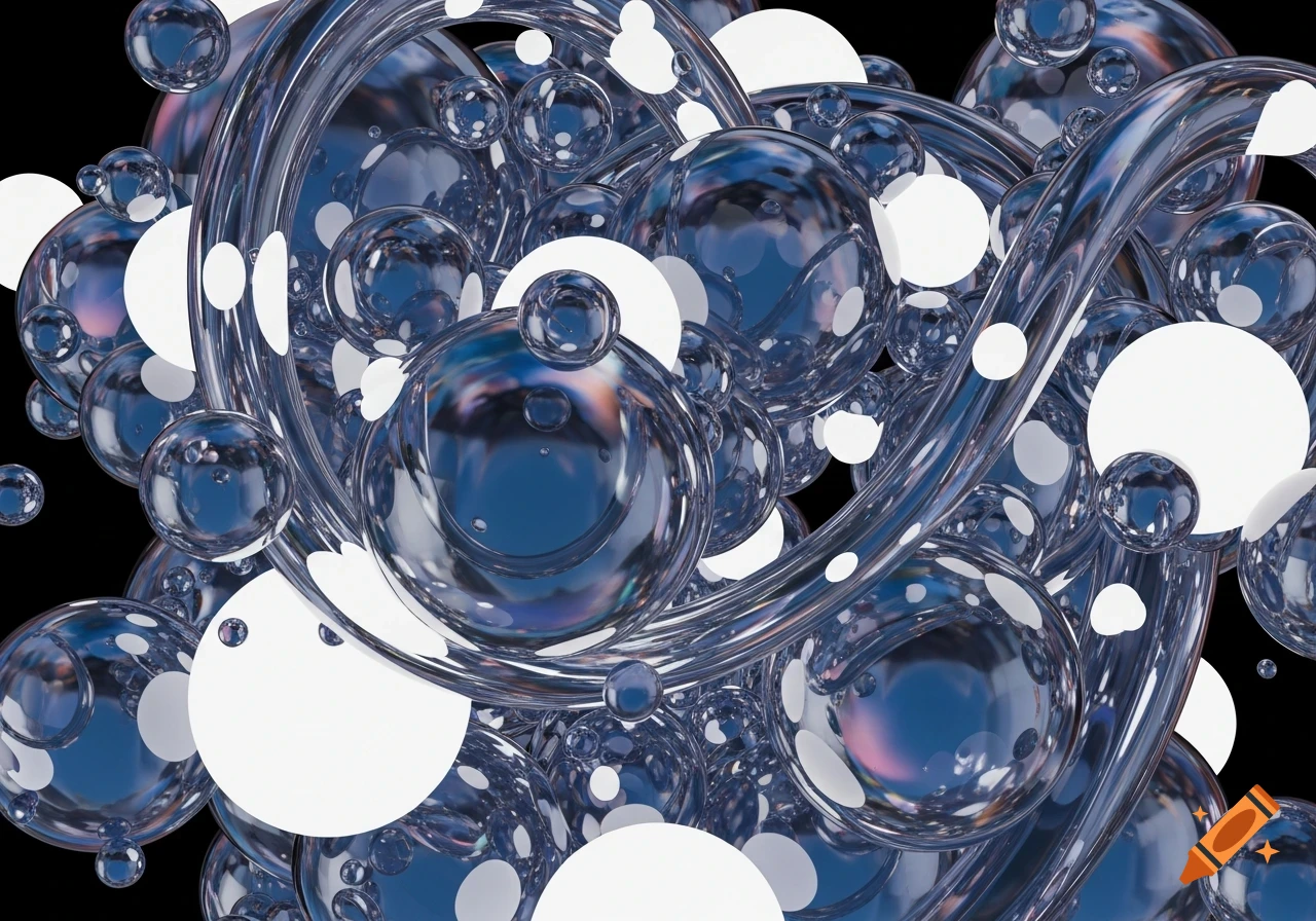 A chaotic abstract 3D render of glossy, translucent blue spheres and intertwined tubes with white circular shapes against a black background.