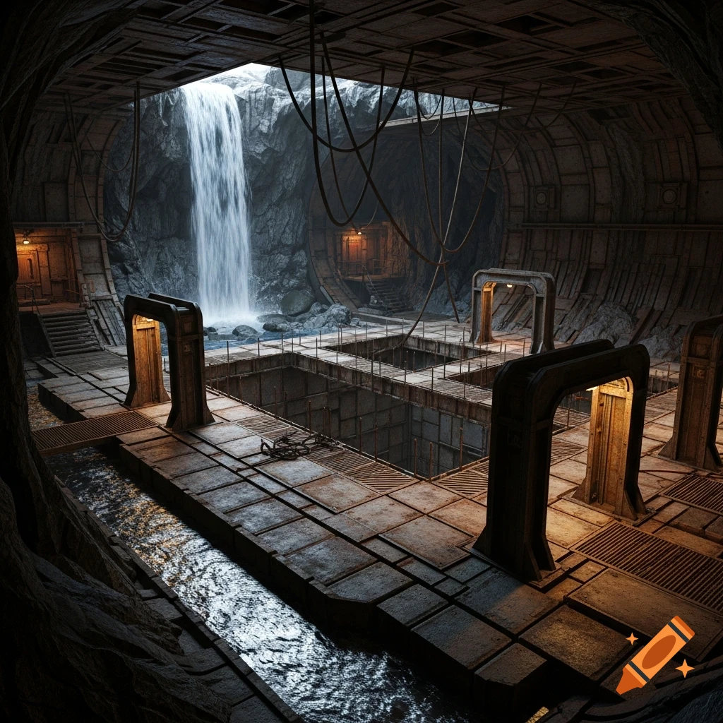 An underground industrial base with a waterfall cascading into a central pit, featuring rusted metal platforms, pipes, and dark tunnels.