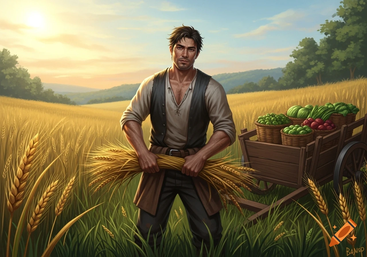 An illustrated man in a field holds wheat, with a cart of produce and a sunset in the background.