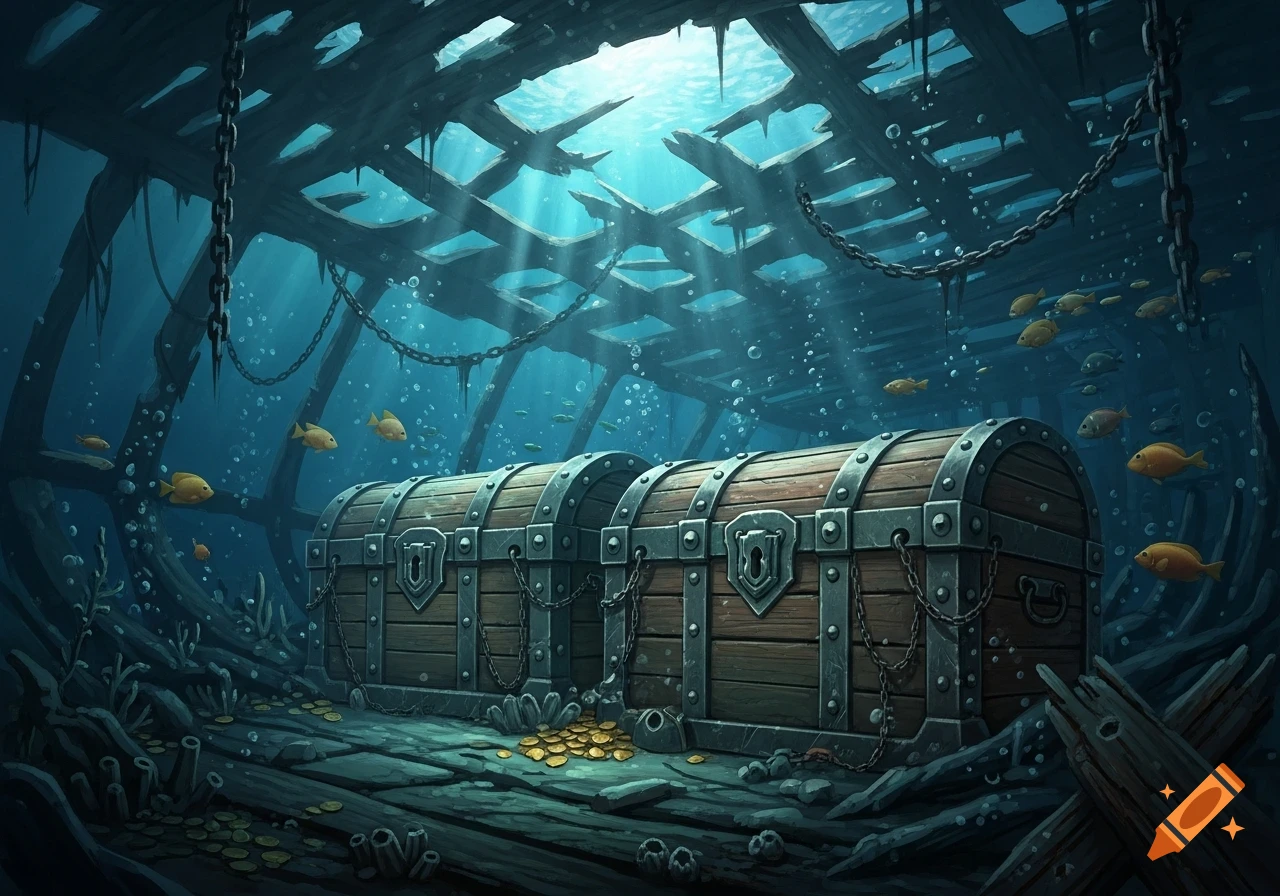 Two detailed wooden treasure chests on the seafloor amidst a sunken shipwreck, illuminated by sunbeams with fish swimming.