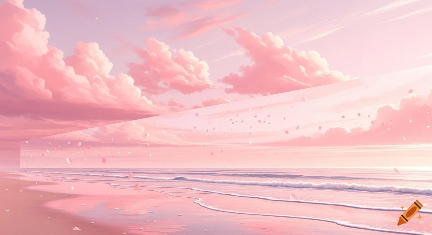 A dreamy, pastel pink aesthetic beach landscape with soft waves, fluffy clouds, and a surreal reflective surface.
