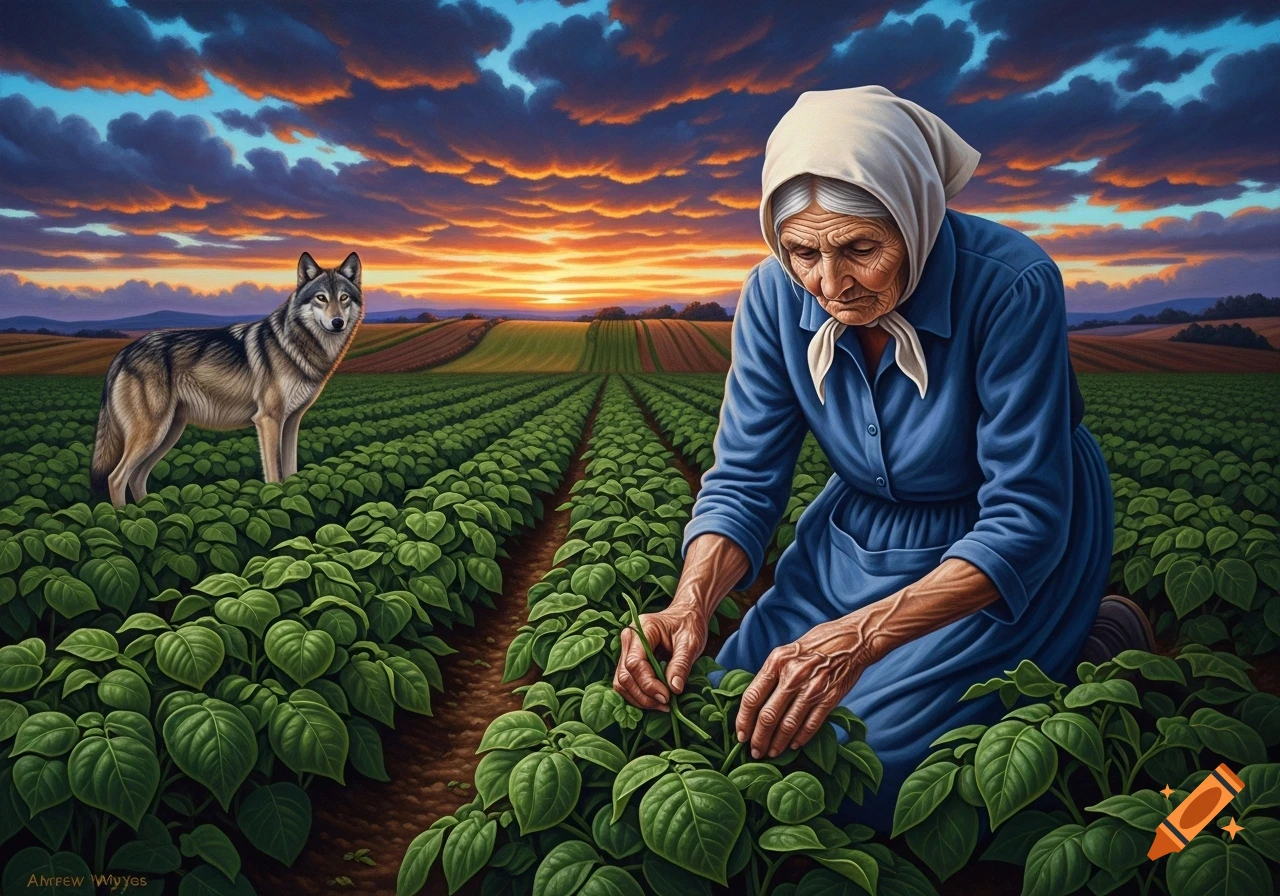 Oil painting of an elderly woman kneeling in a potato field at dusk, with a wolf standing behind her under a dramatic sky.
