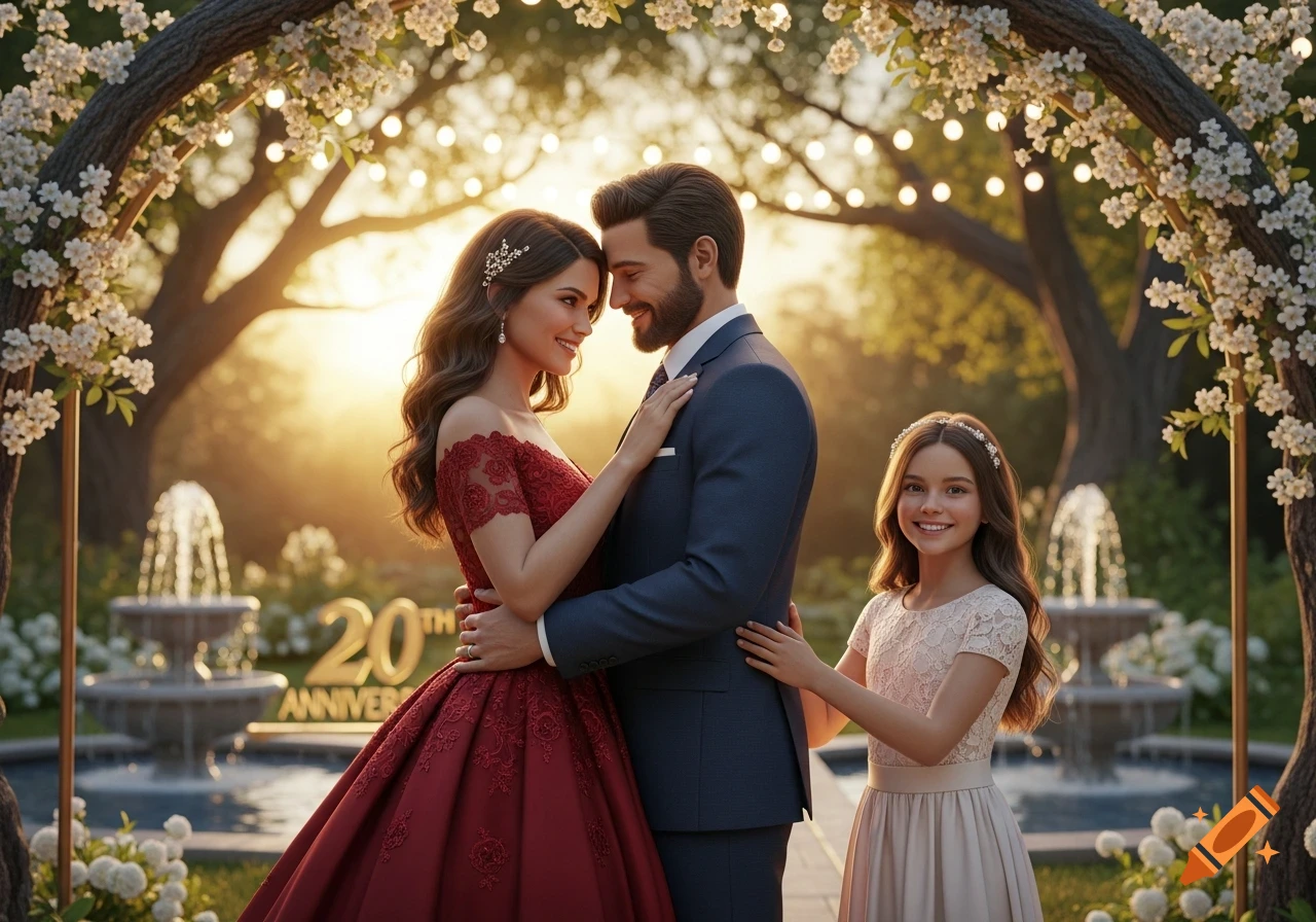 Sunlit Prom A smiling couple in formal wear embraces under a floral arch ...