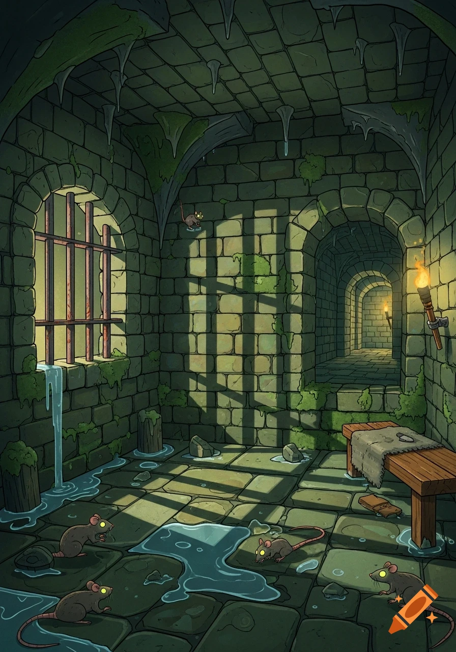 A stylized cartoon of a damp, mossy medieval prison cell with a barred window, arched hallway, a wooden bench, and glowing-eyed rats on the wet stone floor.